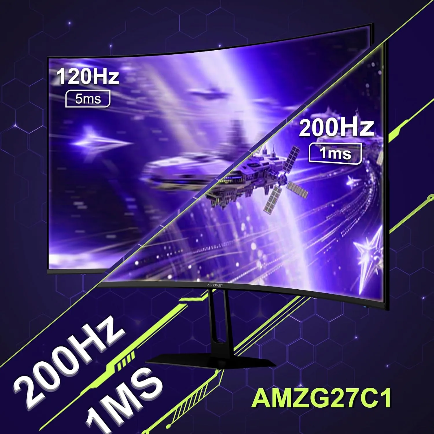 Amzfast 27 inch 200Hz Curved Gaming Monitor, FHD 1080p with Built-in Speakers, FreeSync, MPRT 1ms, 130% sRGB, 3000:1, 1500R, VESA Mount, HDMI 2.0&DP 1.4, 12 Months Warranty, AMZG27C1