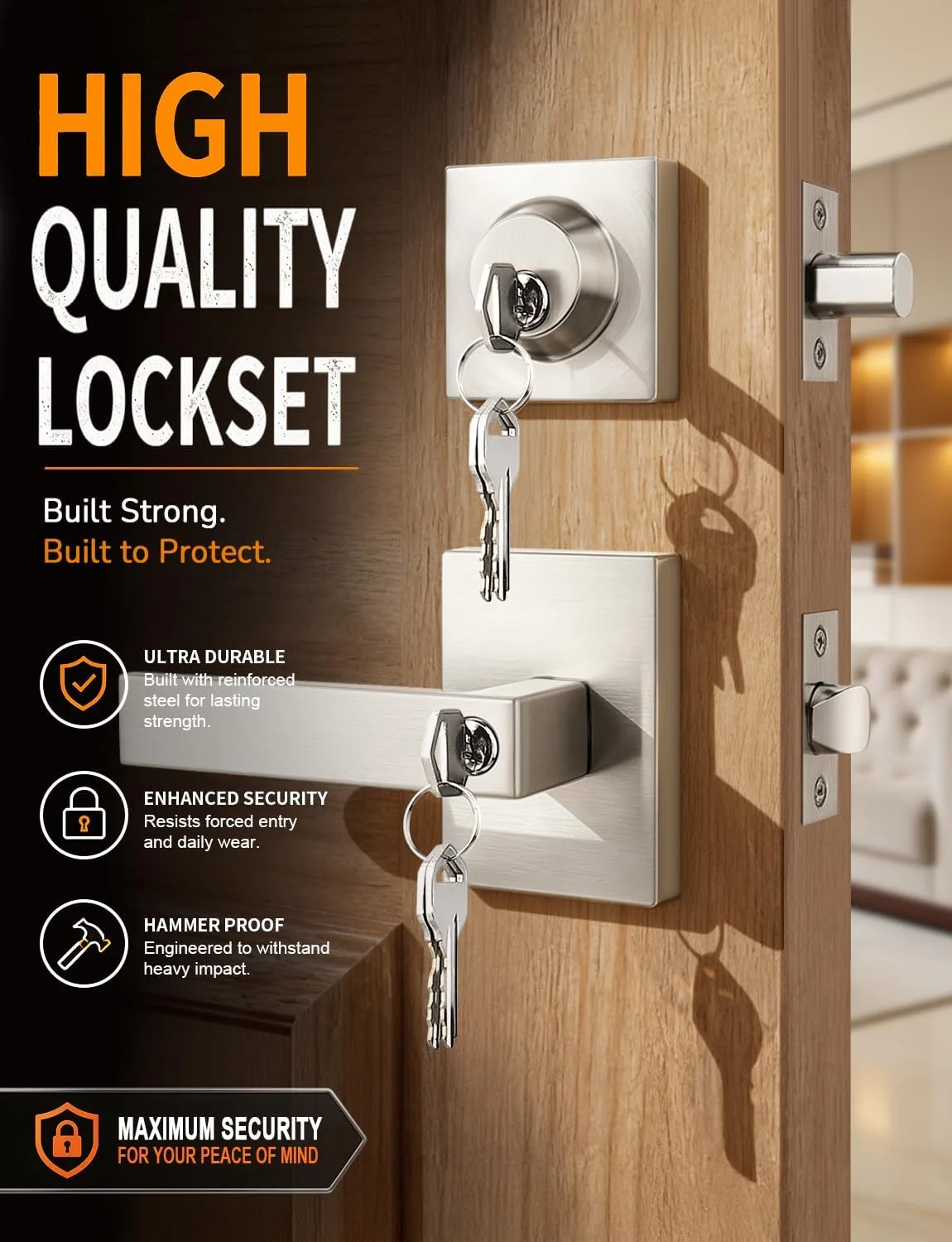 Probrico Square Front Door Lock Set Exterior 2 Pack, Entry Door Handles and Single Cylinder Deadbolts Same Keys, Door Locksets Reversible for Right and Left in Brushed Nickel Finish