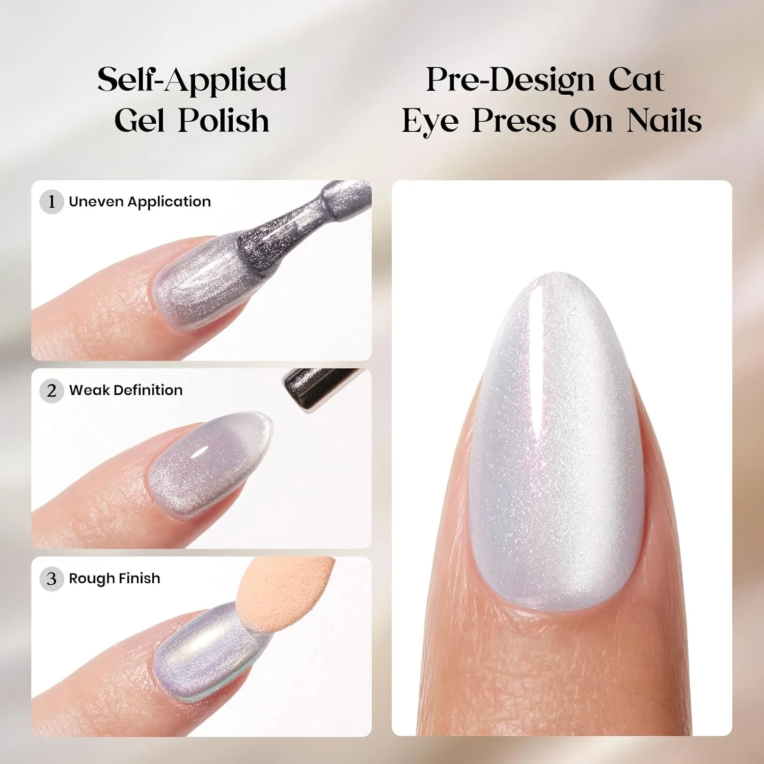 Beetles Glazed Cream Cat Eye Press On Nails, Short Almond, 32-Piece Set