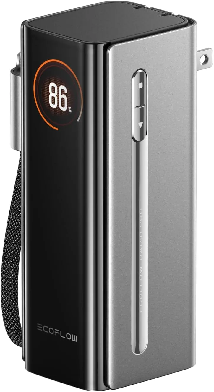 EF ECOFLOW RAPID Pro Power Bank with 67W Wall Plug, 10,000mAh 3-in-1 Portable Charger with Built-in USB-C Cable, 45W Fast Recharging, Travel Essentials for iPhone 17/16 Series, Galaxy, Laptops, and More