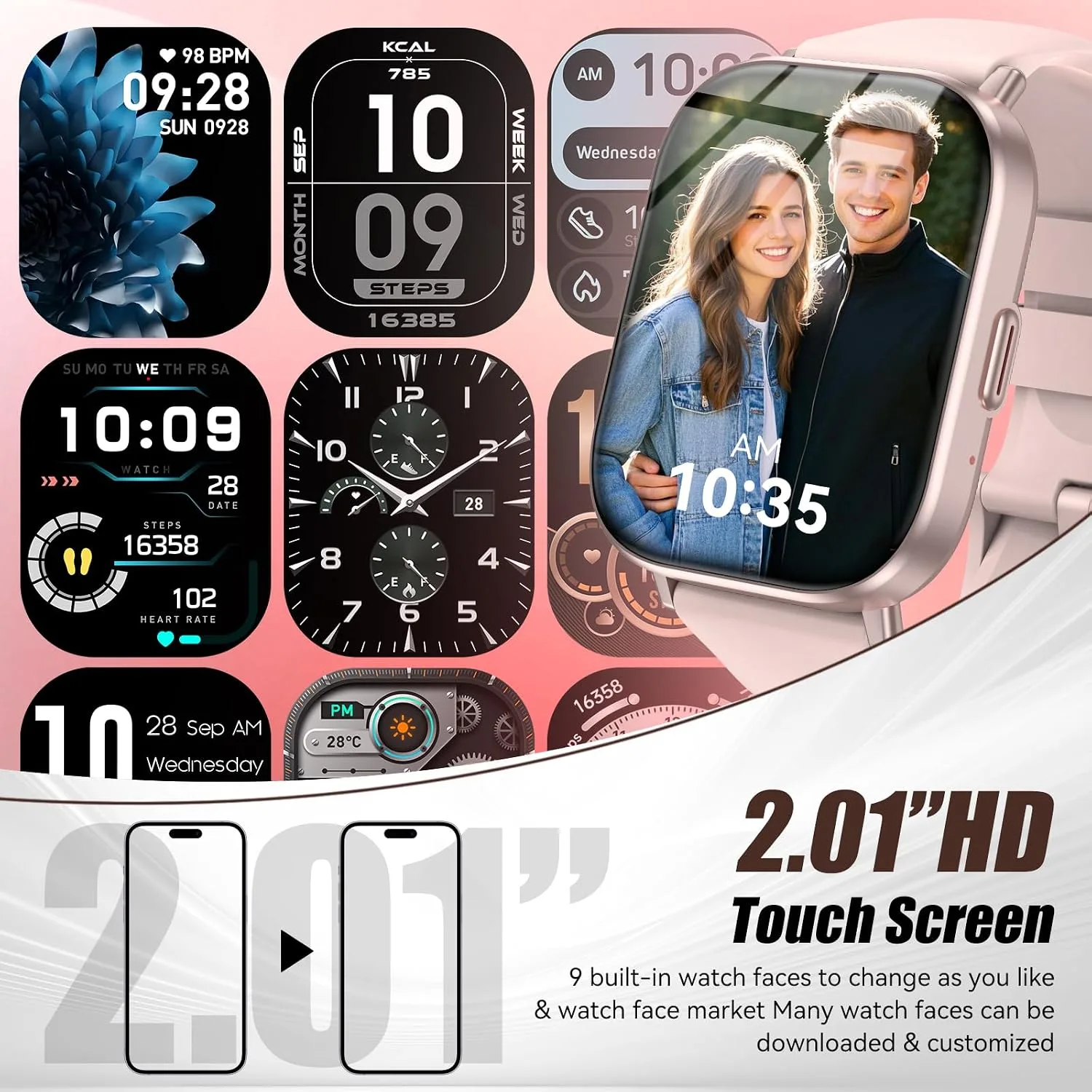 Smart Watch for Men Women, 2.01" HD Fitness Tracker with Heart Rate and Sleep Monitor, Bluetooth Calls & Notifications, 120+ Sport Modes, IP67 Waterproof, Compatible with Android & iOS, Pink