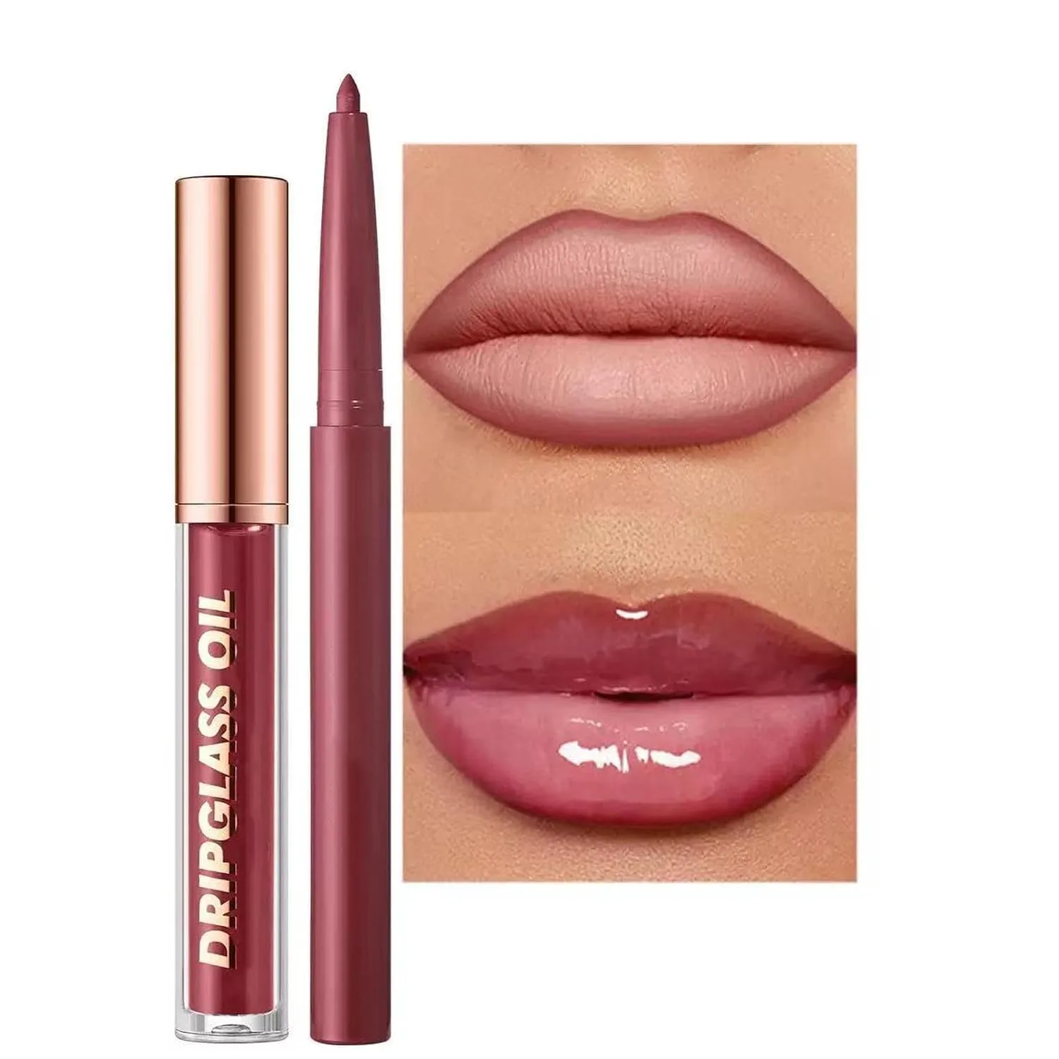 Lip Liner And Drip Gloss Lip Oil Set, 6 Shades Creamy Lip Makeup Kit For Beginner Long Lasting Dewy Lip Look (12#)