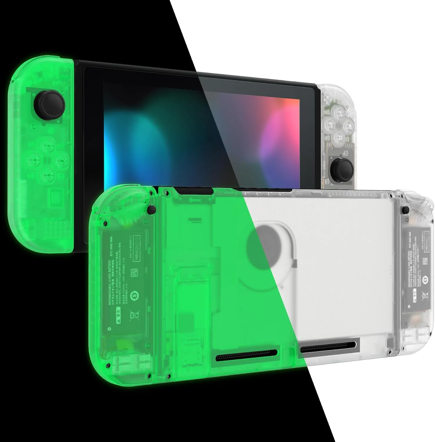 eXtremeRate DIY Replacement Shell Buttons for Nintendo Switch, Back Plate for Switch Console, Housing with Colorful Buttons for Joycon Handheld Controller - Glow in Dark - Green [No Electronics Parts]