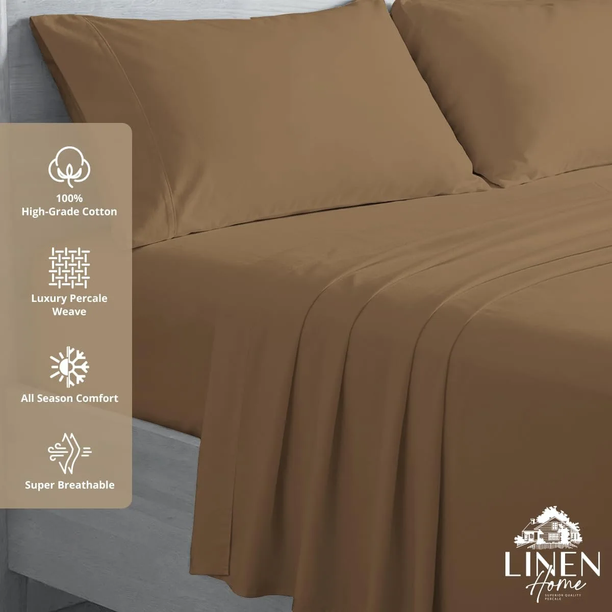 Linen Home 100% Cotton Percale King Sheets, 4Pc Cooling Set - Earthy Brown