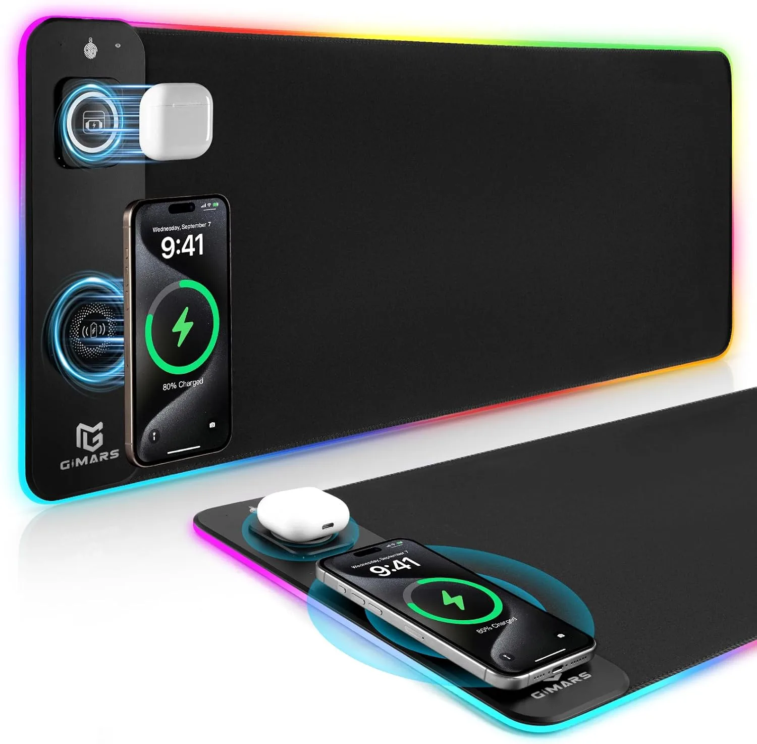 Gimars Upgrade 3 in 1 RGB Mouse Pad with 15W Magnetic Fast Wireless Charging, 31.5x11.8x0.16in Gaming Mousepad, 15 Color Modes, Waterproof Non-Slip XXL Desk Mat with Smooth Surface for Home Office PC