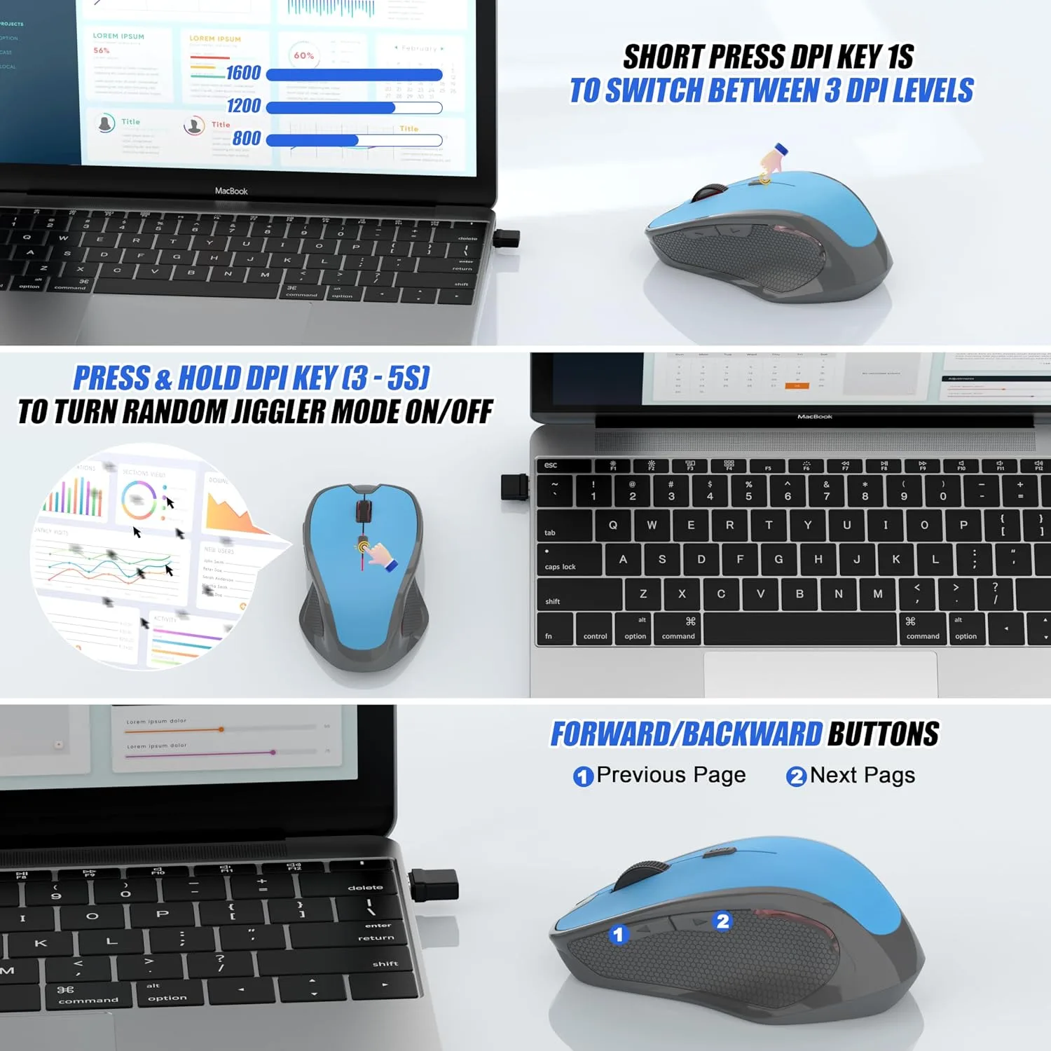 Wireless Bluetooth Mouse for iPad Pro MacBook, Ergonomic Rechargeable Mice with Jiggler Mode, 2-Mode Bluetooth 5.2/3.0 & 2.4G USB-A/USB-C Receiver, Silent Optical Mouse for Mac PC Laptop, Blue