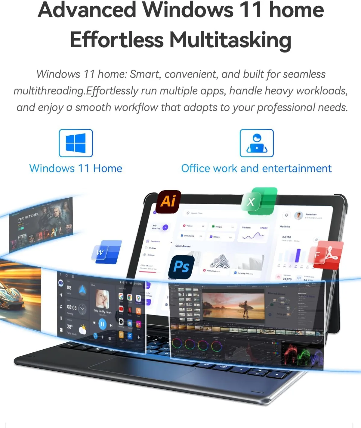 NewBook 10 10.1 inch 2-in-1 Laptop Tablet PC, Win 11 Compatible with Intel Pentium Gold 6500Y, 8GB RAM 256GB SSD, 1920x800 FHD Touchscreen, Micro HDMI/USB-C 3.2 with Magnetic Keyboard & Stand