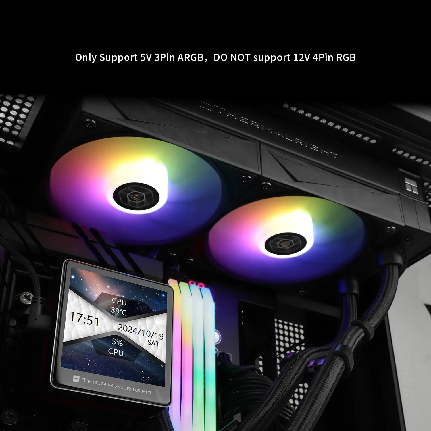 Thermalrlght Grand Vision 240 ARGB Black CPU Water Cooler,Double PWM Fans Water Cooling System,IPS LCD Screen with 480x480 Resolution,for AM4/AM5,Intel LGA1700/1851,CPU Liquid Cooler,3.4-inch Display