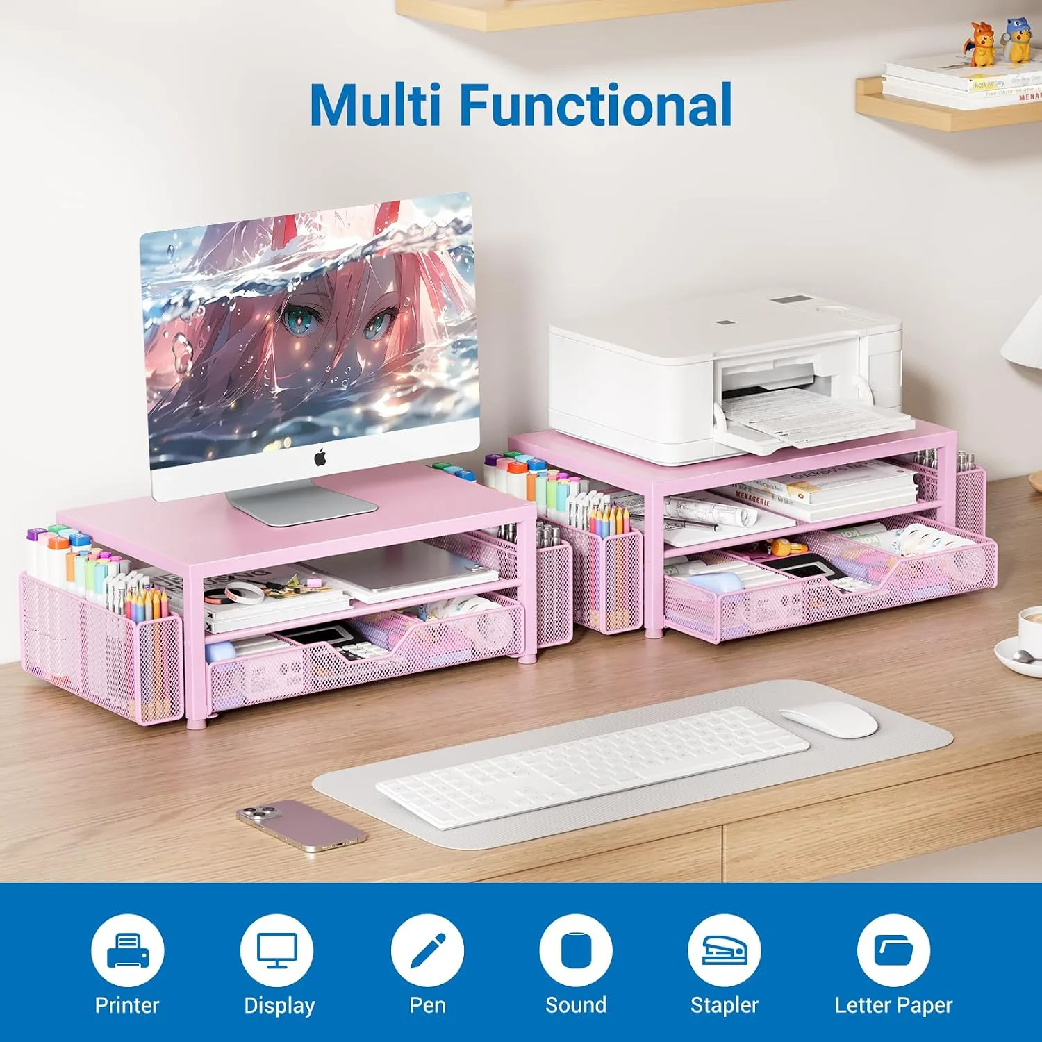 OPNICE Desk Organizer, Monitor Stand Riser with Drawer and 2 Pen Holders
