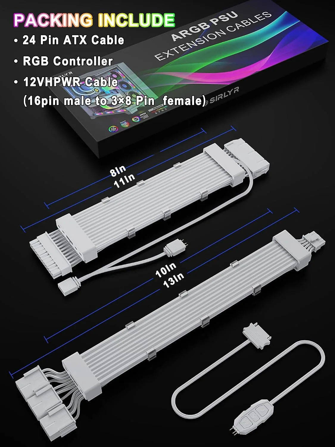 Sirlyr RGB 12VHPWR PSU Extension Kit,24Pin&16 to 3×8 Pin GPU Set