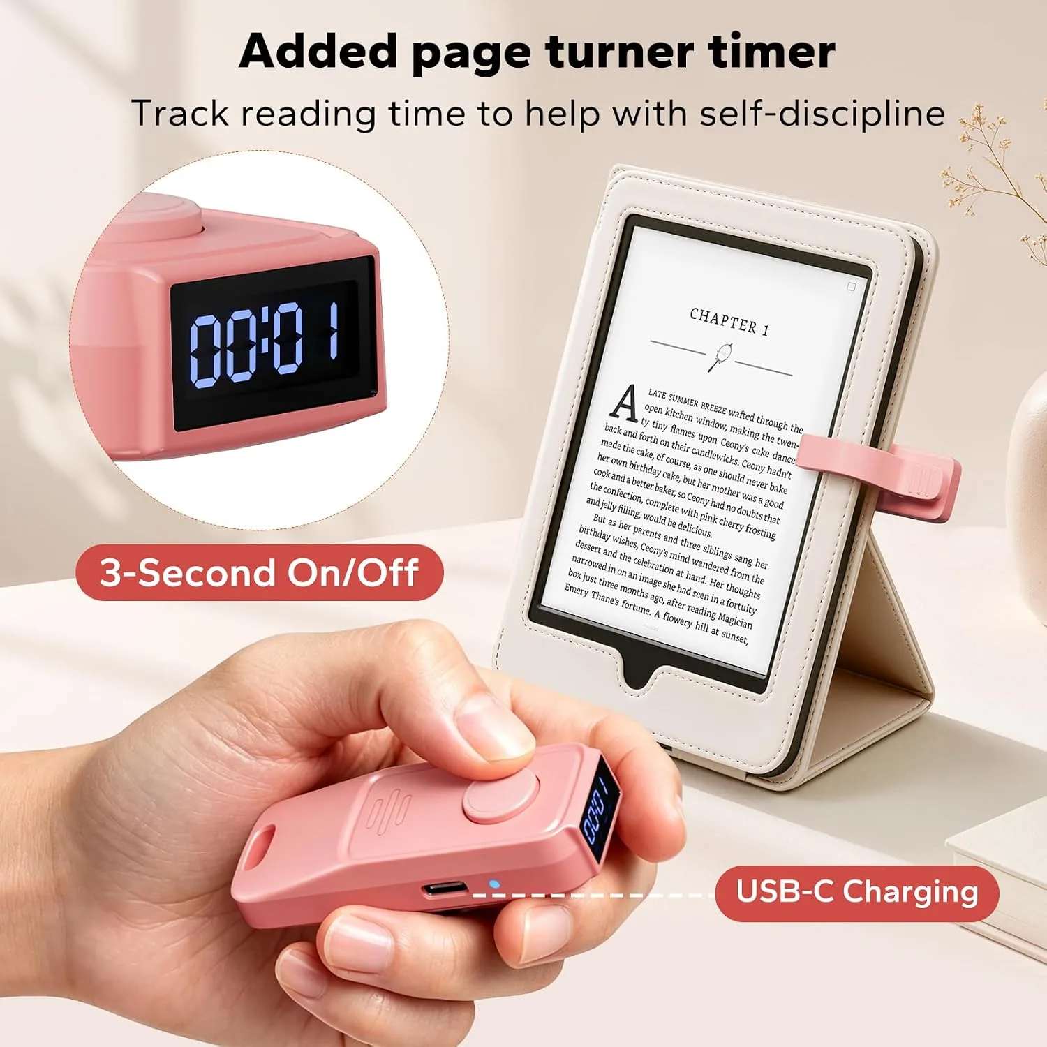 (Fit All Cases) Page Turner for Kindle,Portable Selfie Light,Reading Timer Tracker,Book Light for Kindle,iPad,iOS Android. Clicker for Kindle for Camera Video Recording and Selfie Shutter(K3-Pink)