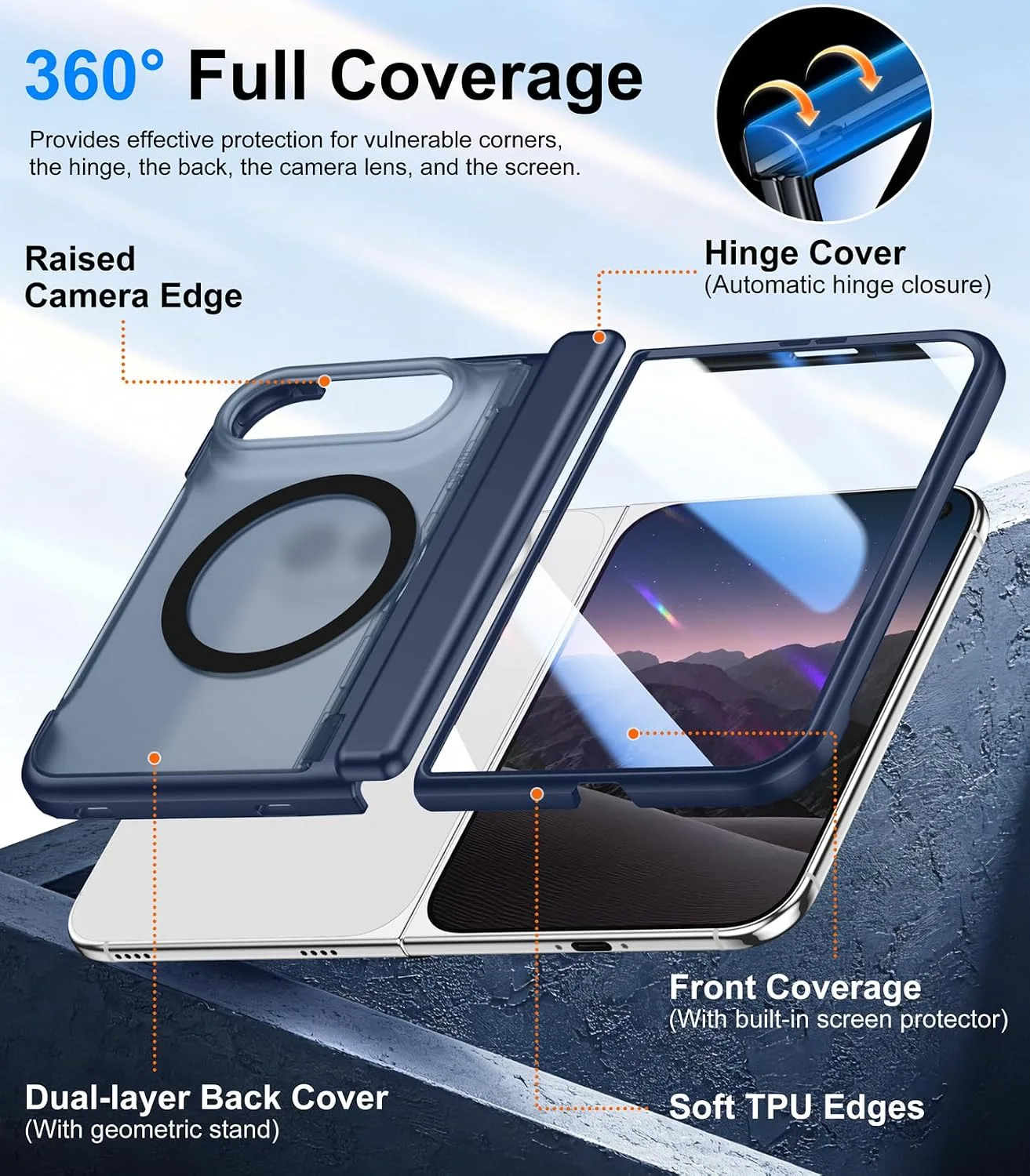 Red2Fire for iPhone Duo Case with Built-in Screen Protector, [Compatible with Magsafe], [Built-in Kickstand & Full Body Hinge Protection] Magnetic Slim iPhone Ultra Fold Case,Blue