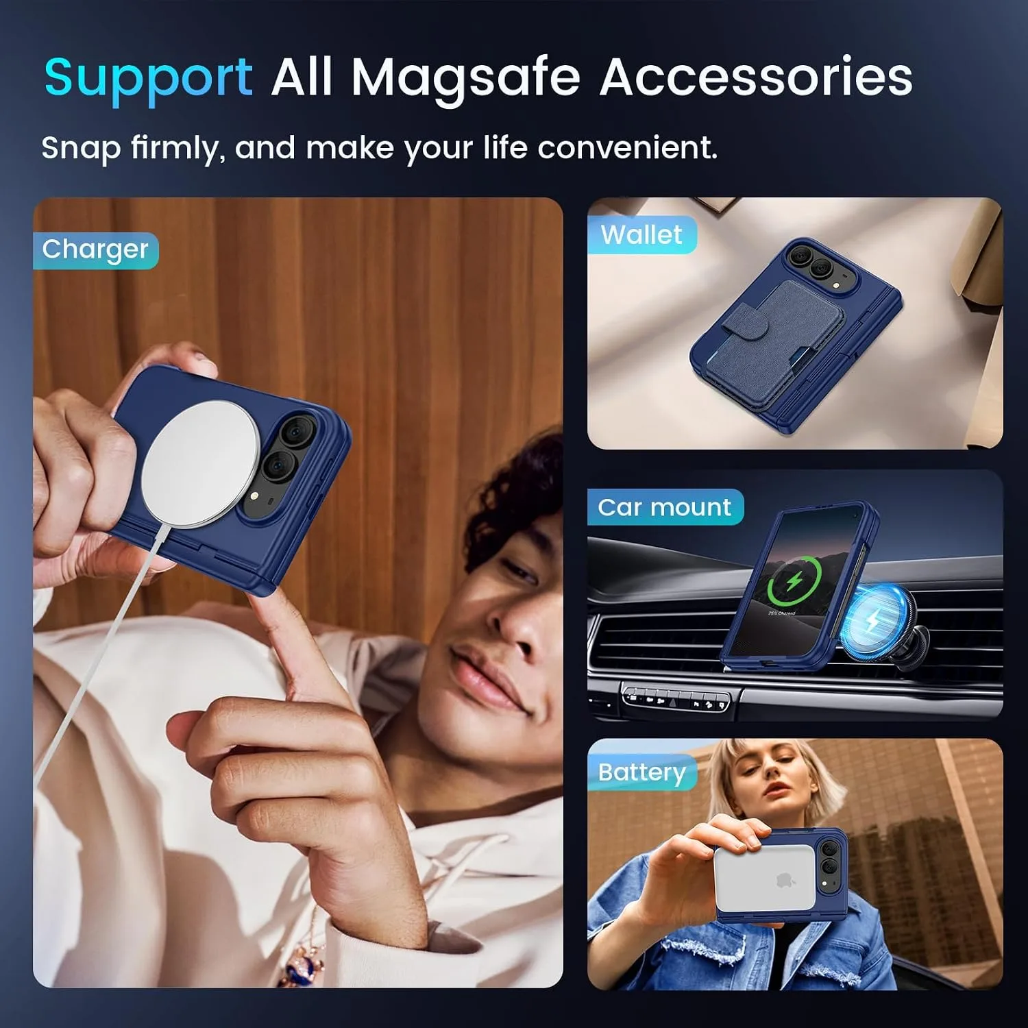 Magnetic for iPhone Duo Case with Screen Protector & Hidden Kickstand Blue