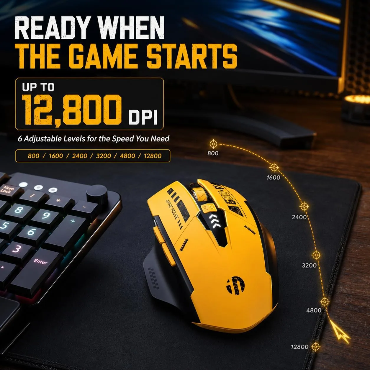 INPHIC A9 Wireless Gaming Mouse, Rechargeable, 12800 DPI, RGB Light