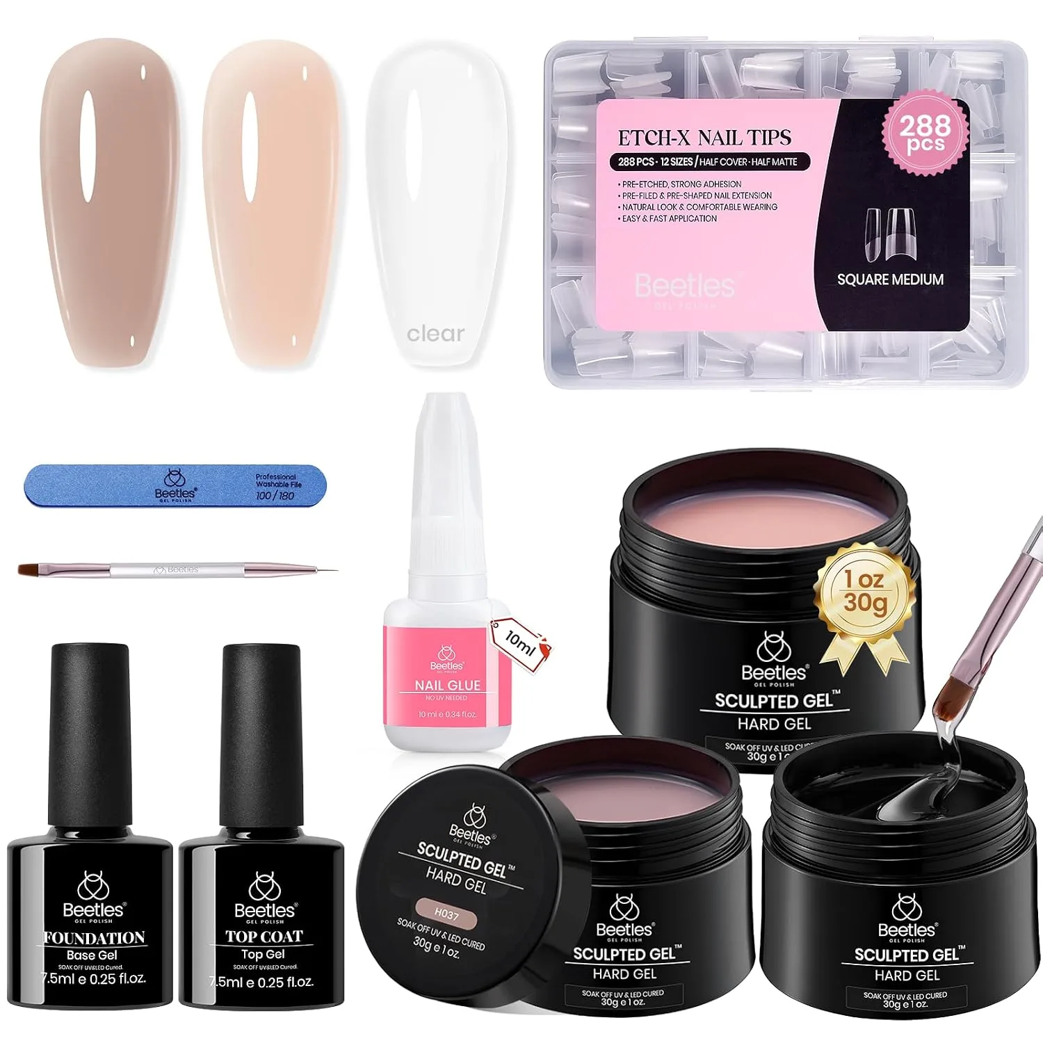 Beetles Hard Gel Clear Nude Brown, Bare Veil with Medium Square Nail Tips
