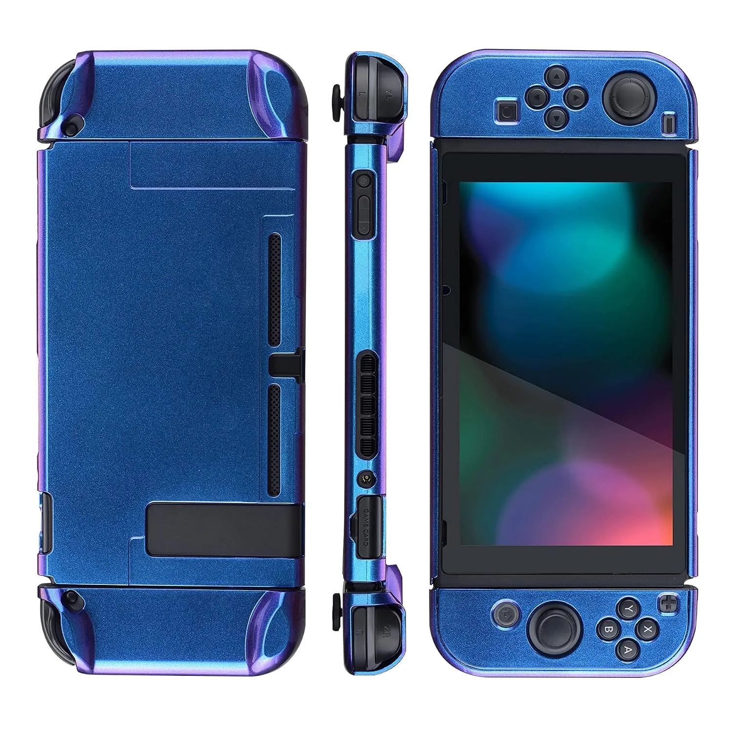eXtremeRate PlayVital Glossy Back Cover for Nintendo Switch Console, Joycon Separable Protector Hard Shell, Dockable Protective Case for Nintendo Switch - Chameleon Purple Blue (NOT for Switch 2)