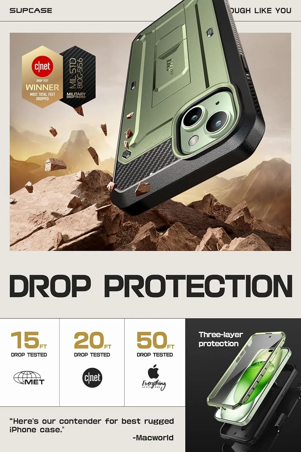 SUPCASE for iPhone 15 Case with Kickstand & Screen Protector, Green