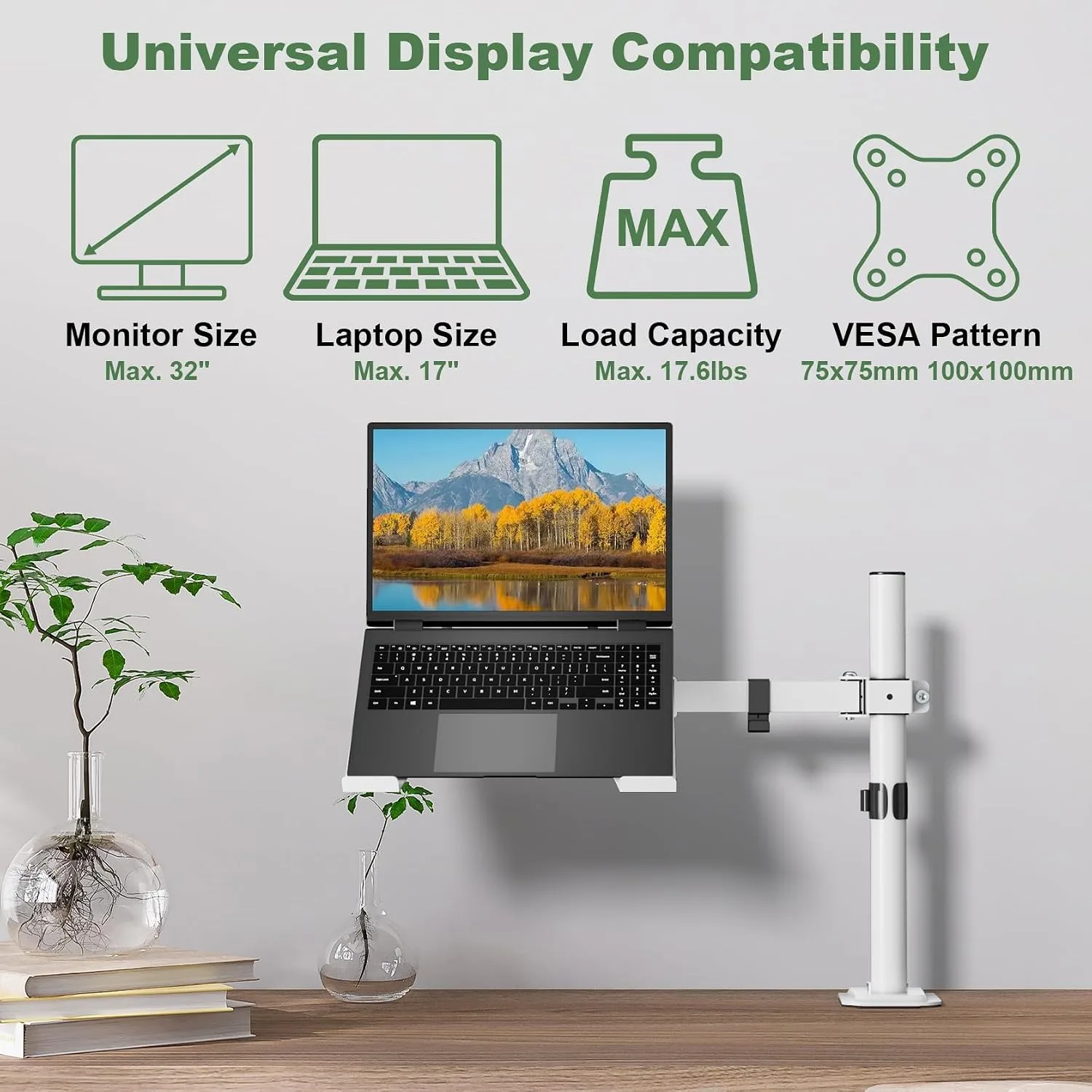 UPGRAVITY White Laptop Desk Mount with Vented Tray for Notebook up to 17 inch, Fully Adjustable Single Laptop Arm Stand Holds up to 17.6 lbs, Clamp on/Grommet Mounting