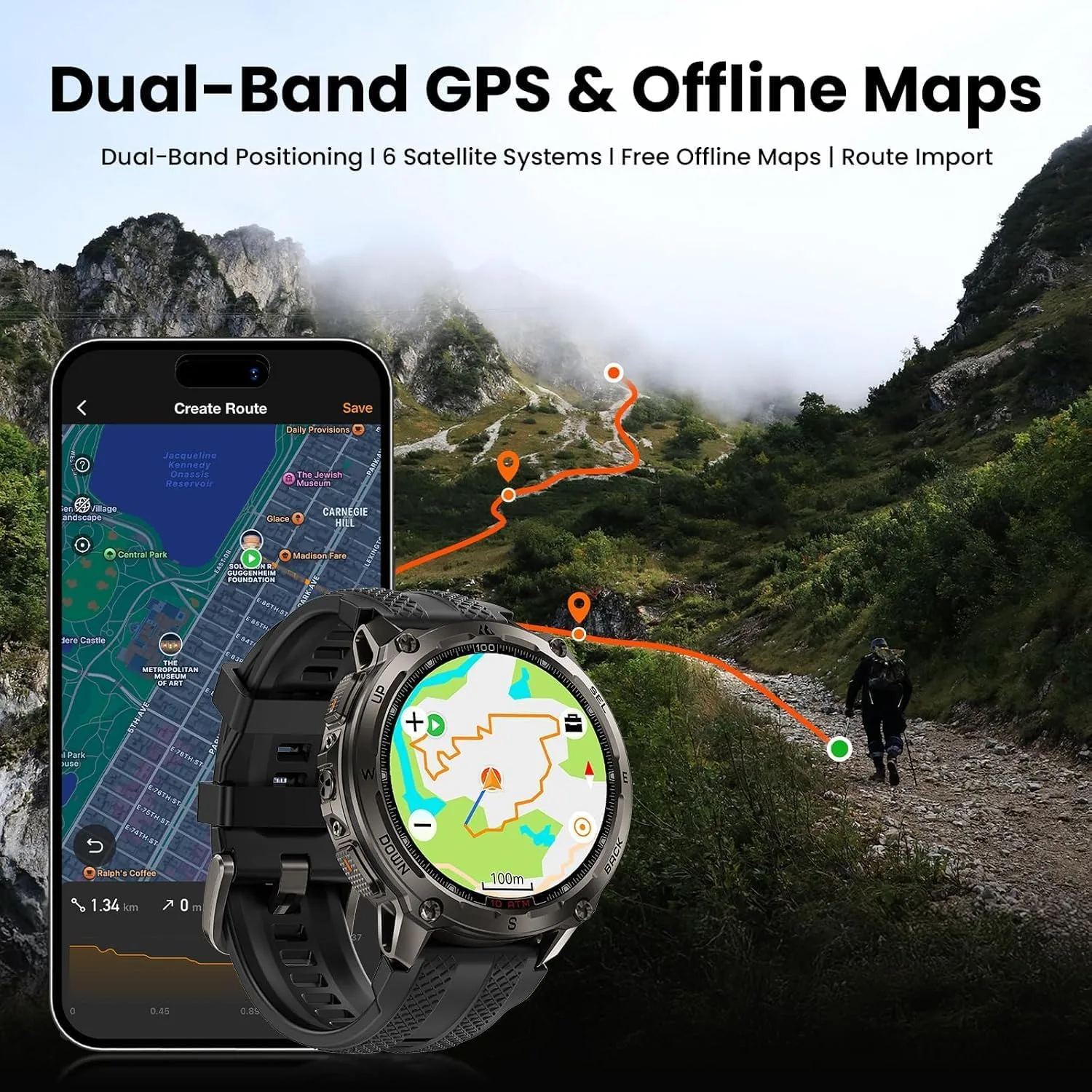 KOSPET Tank T4 Rugged Smart Watch, GPS & Offline Maps, 10ATM Waterproof