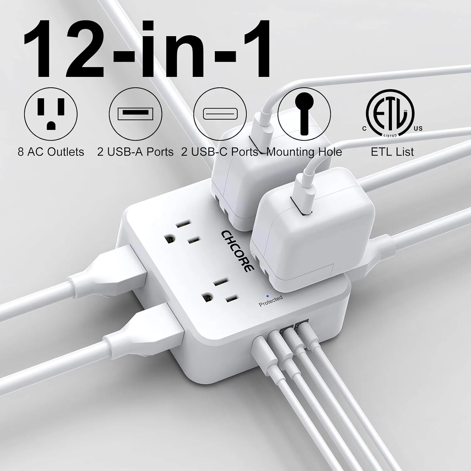 10Ft Surge Protector Power Strip - CHCORE Flat Plug Extension Cord with 8 Outlets and 4 USB Ports(2 USB C), 3 Side Wall Mount Outlet Extender for Home Dorm Room Essentials, ETL Listed, White
