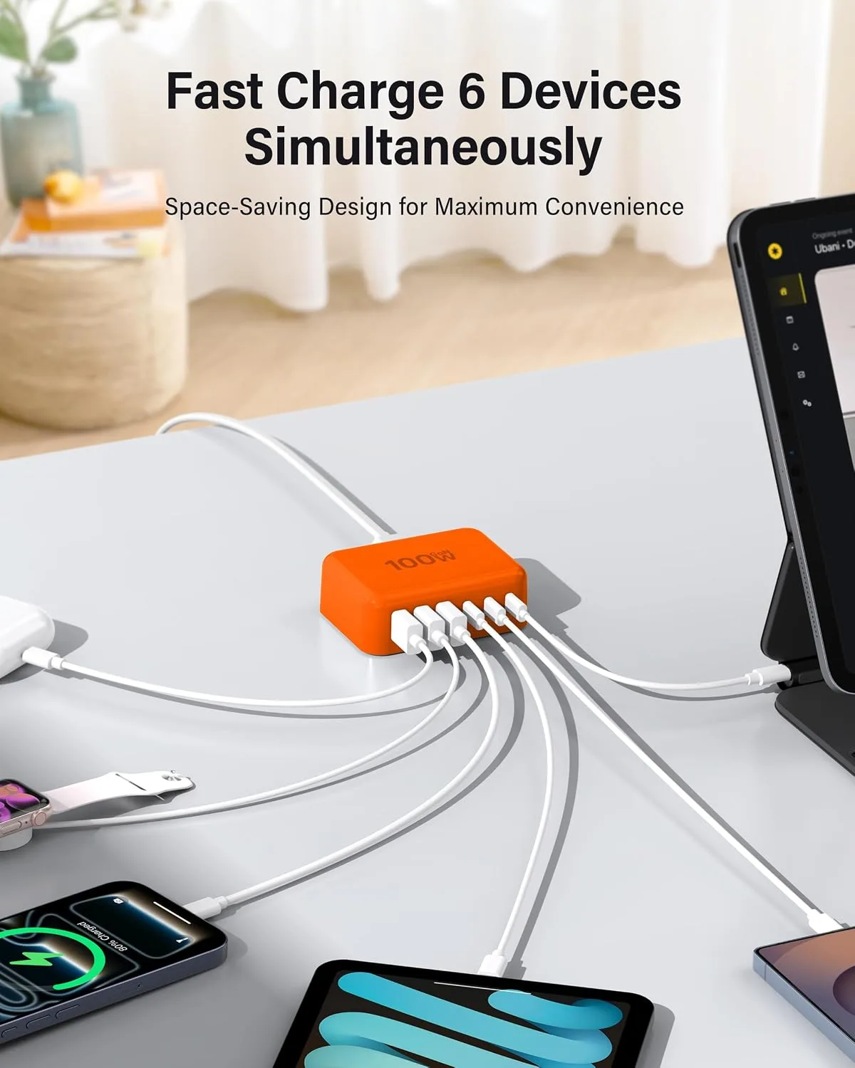 USB Fast Charger Block 50% Smaller 100W Max 6-Port GaN USB Charging Station