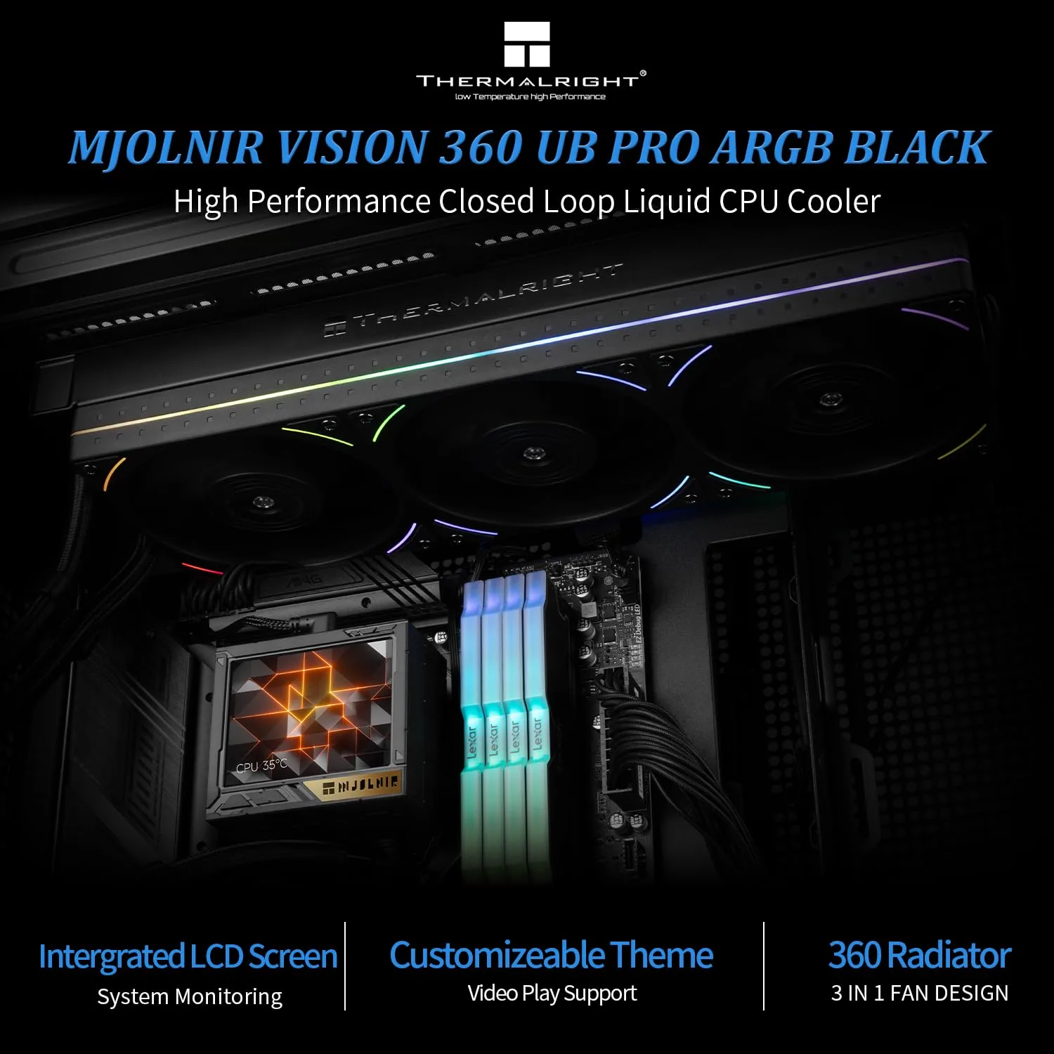 Thermalright Mjolnir Vision 360 UB PRO ARGB Black CPU Aio Cooler,PC 360 Specification Water Cooler System with Inline Fan,3.5’’ LCD Screen with 640x480 Resolution,for AM4/AM5;Intel 1700/1851/115X/2011
