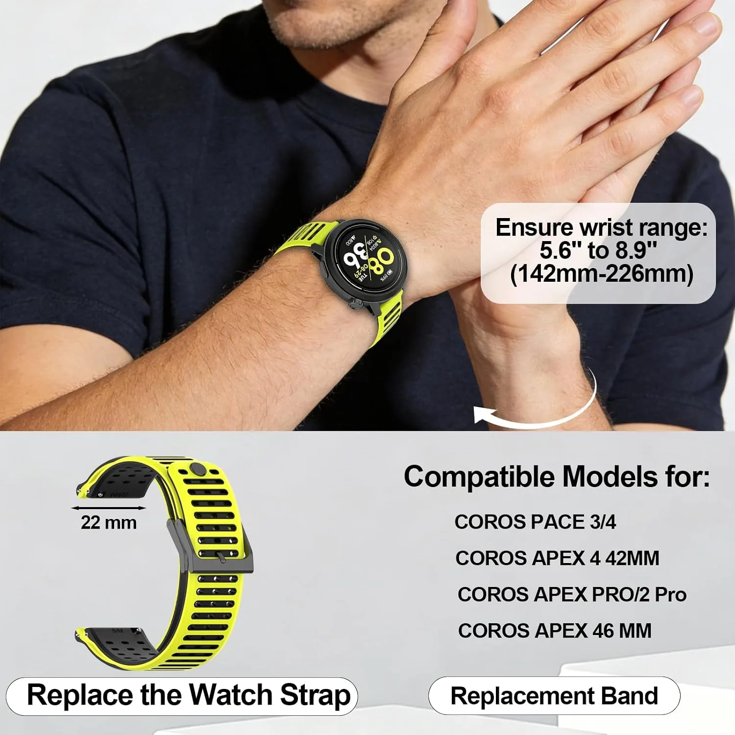 Silicone Replacement Bands Compatible with COROS PACE 3/4/Pro, COROS APEX PRO/2 Pro/APEX 46 MM/4 42MM, Soft & Breathable Smartwatch Straps for Women and Men