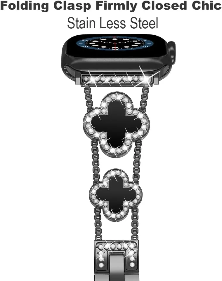 Musk-MSKR Diamond Metal Bands Add Sparkle to Your Watch For Apple Watch Series 12/11/10/9/8/7/6/5/4/3/2/SE/Ultra Clover Simple and Stylish Compatible with 38mm40mm41mm42mm44mm45mm 46mm49mm Women's Wear