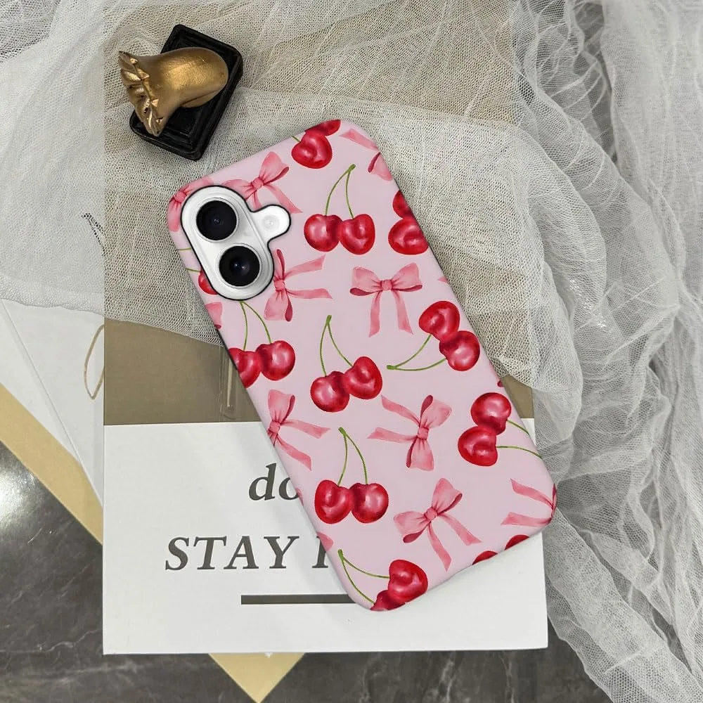 Case Compatible with iPhone 17,Fall Prevention Hybrid 2-Layer Hard Shell Phone Cover for Girls Boys,Pink Bow Cherry Ribbon Fruit