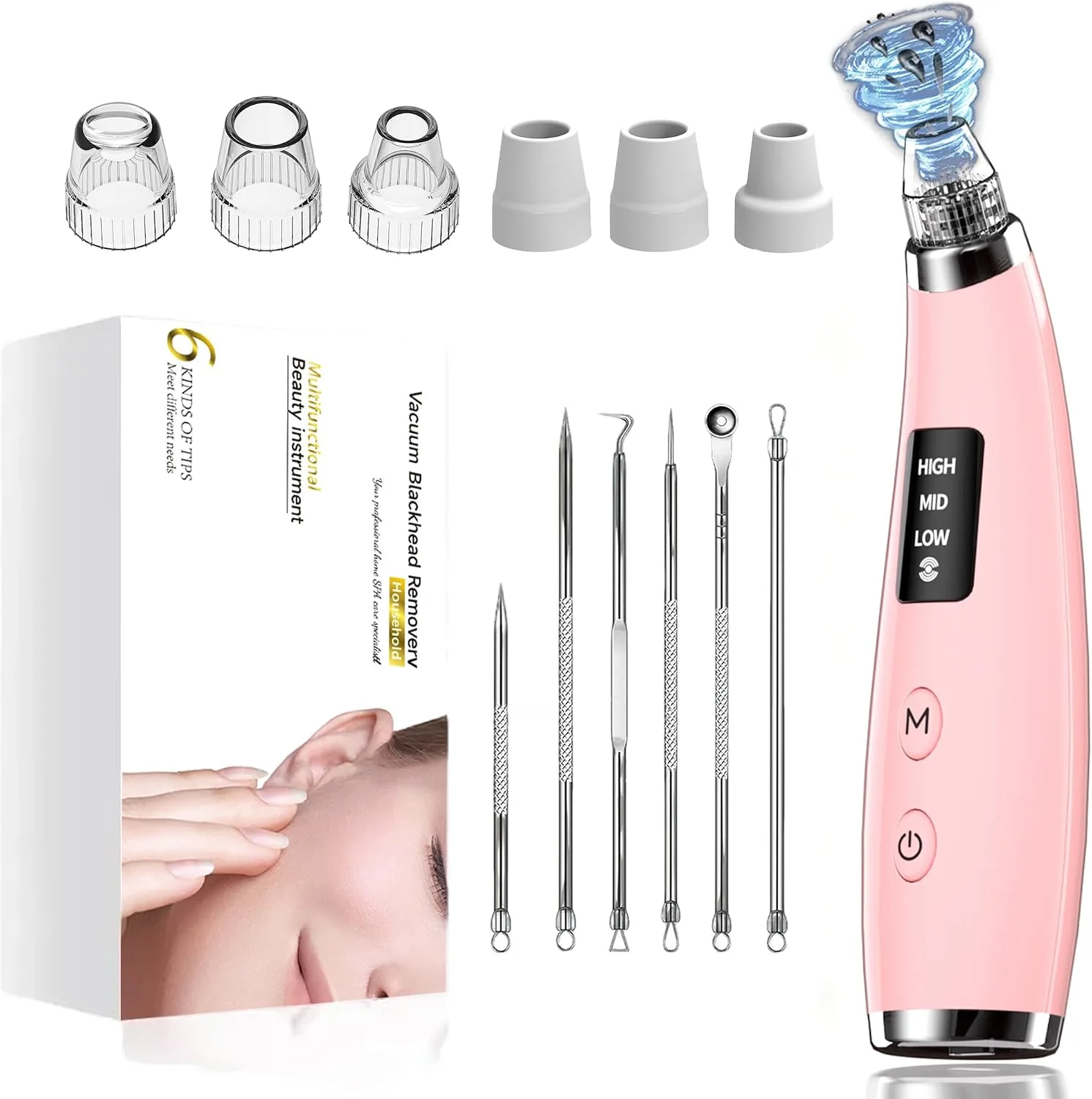 Pore Vacuum for Face & Nose - Blackhead Remover with 3 Adjustable Suction Levels, 6 Interchangeable Probes, USB-C Rechargeable, Portable Pimple Extractor Kit for Whitehead Removal (Pink)
