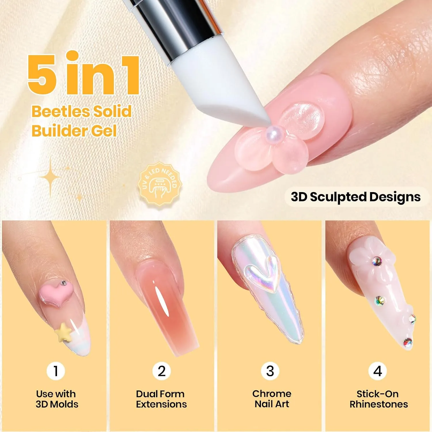 Beetles Clear 3D Solid Builder Nail Gel Kit, 2 Pcs 3D Gel with 3D Mold