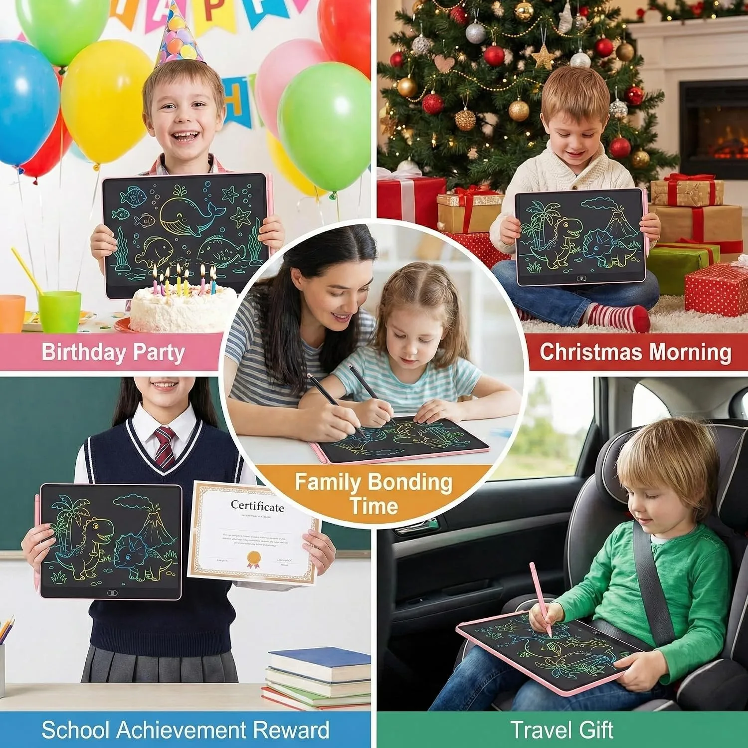 16 Inch LCD Writing Tablet for Kids 2 Pack, Large Drawing Board Doodle Pad, Colorful Screen Erasable Sketch Tablet, Travel Toys and Reusable Learning Gift for Boys Girls (Pink)