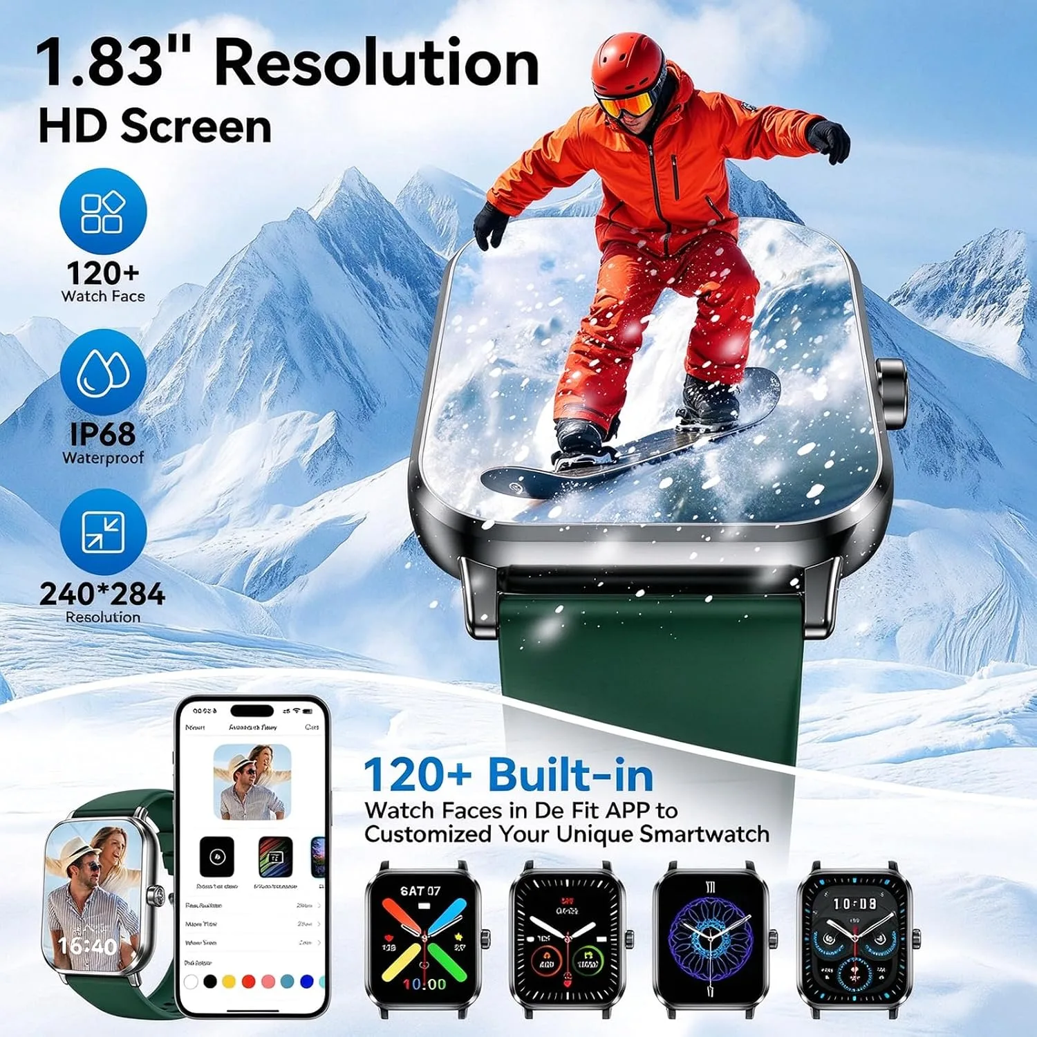 Smart Watch for Men Women, 1.83" HD Touch Screen with Bluetooth Call, IP68 Waterproof, 140+ Sport Modes, Fitness Tracker with Heart Rate & Sleep Monitor, Pedometer, Compatible with Android iPhone