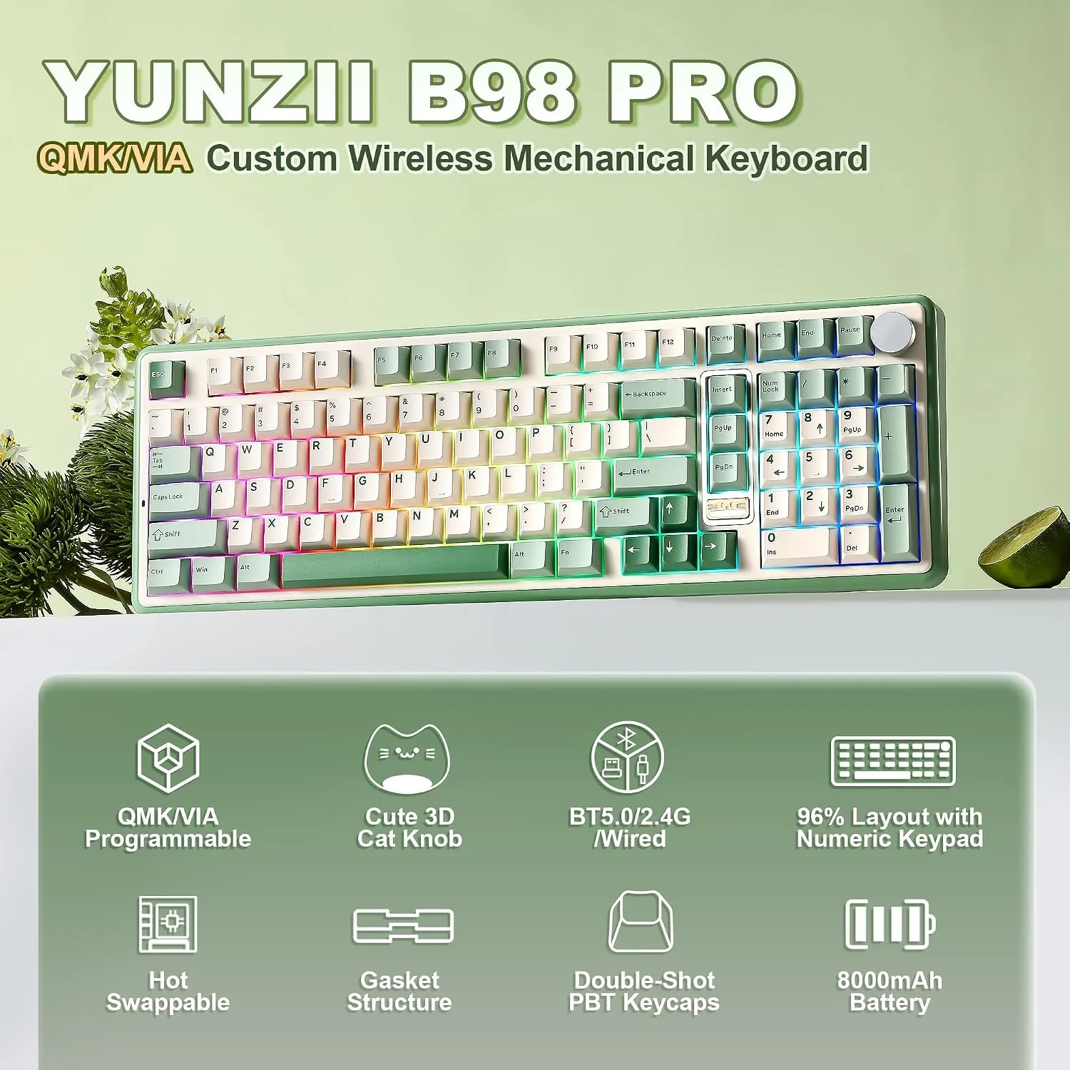 YUNZII B98 PRO 96% Wireless Mechanical Keyboard(Matcha Green, Candy Switch)