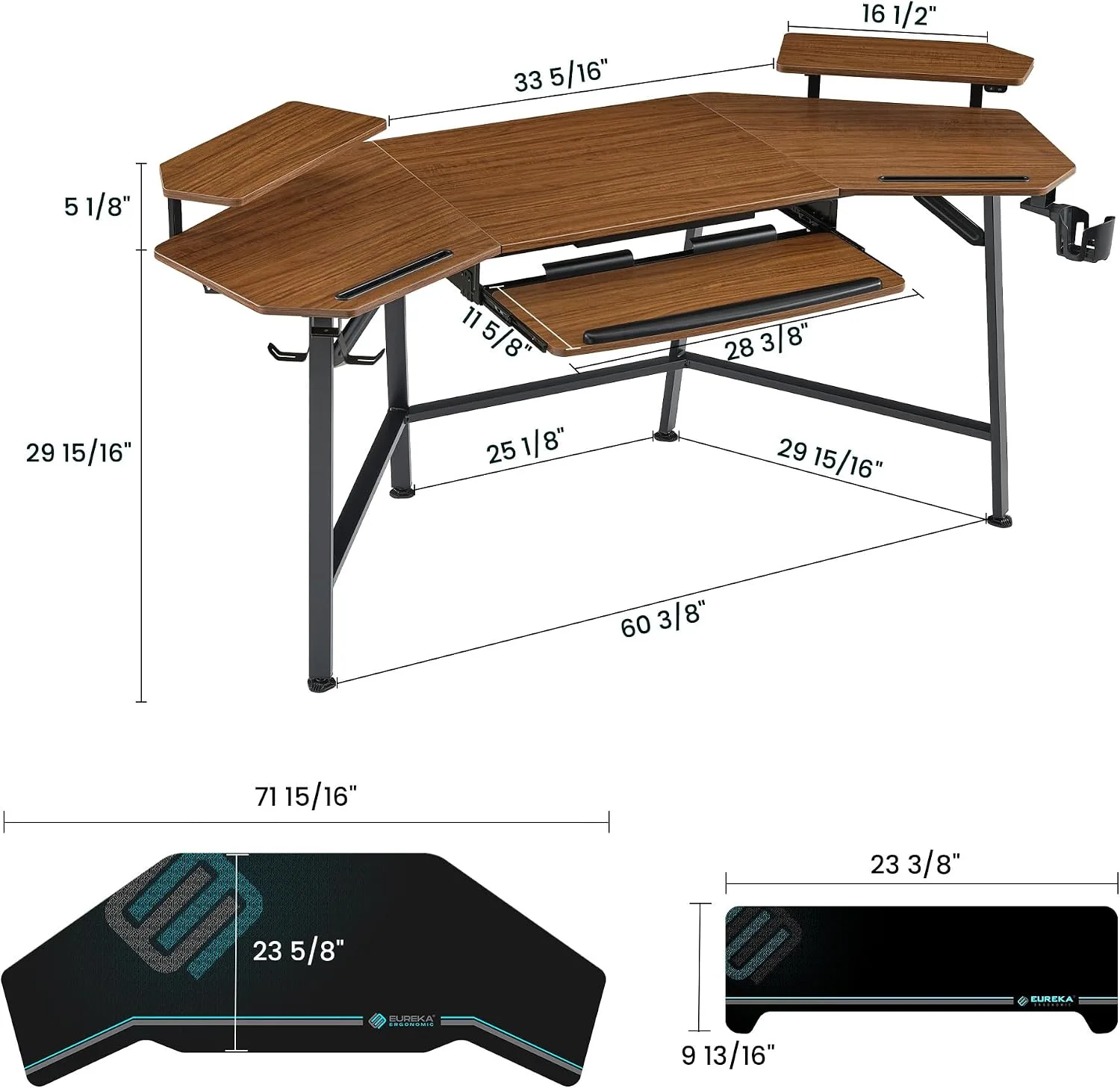 EUREKA ERGONOMIC Gaming Desk Wing Shaped Keyboard Tray 72 Inch Walnut