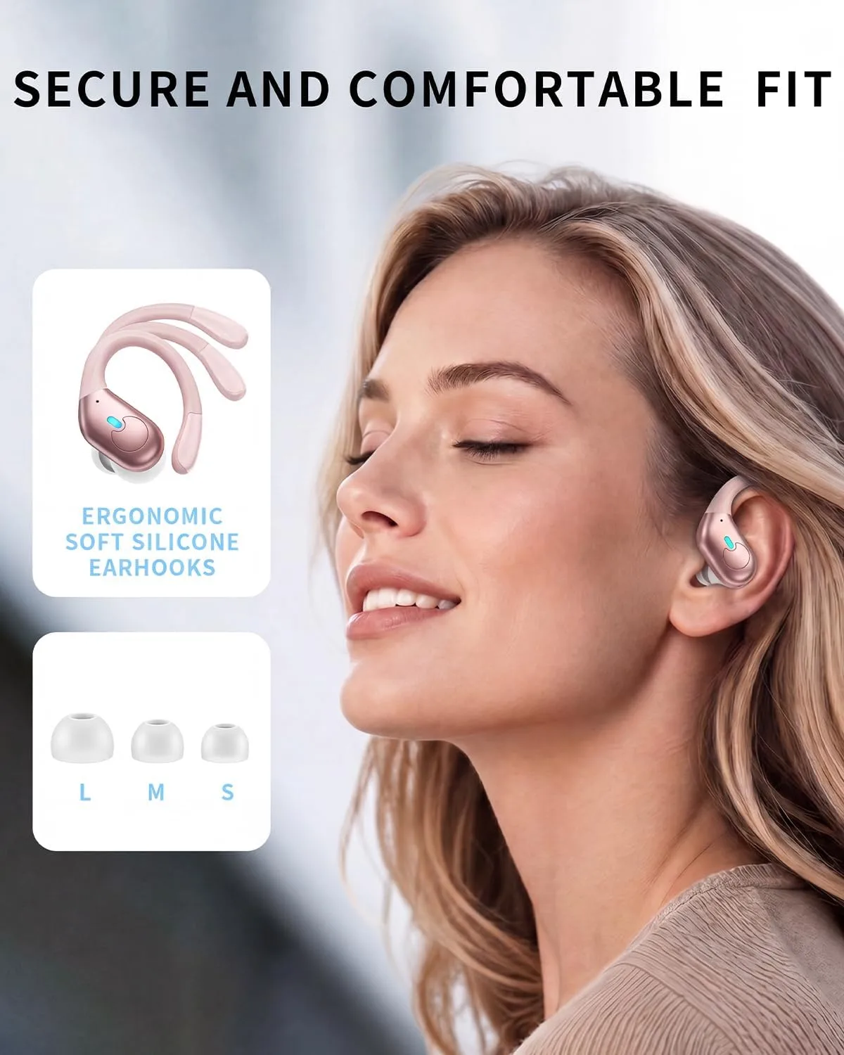 Active Noise Cancelling Ear Buds Wireless Earbuds 90H Playtime Bluetooth Headphones Stereo Bass Over-Ear Hooks Earphones with Power Display Case IPX7 Waterproof Headset for Workout/Running, Rose Gold