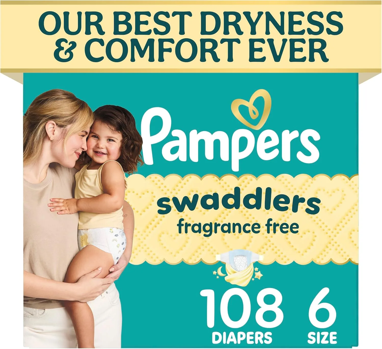 Pampers Swaddlers Diapers, Size 6 (23-44 lbs), 108 Count, Fragrance Free, Hypoallergenic, Absorbent, Pediatrician Recommended, Skin Safe