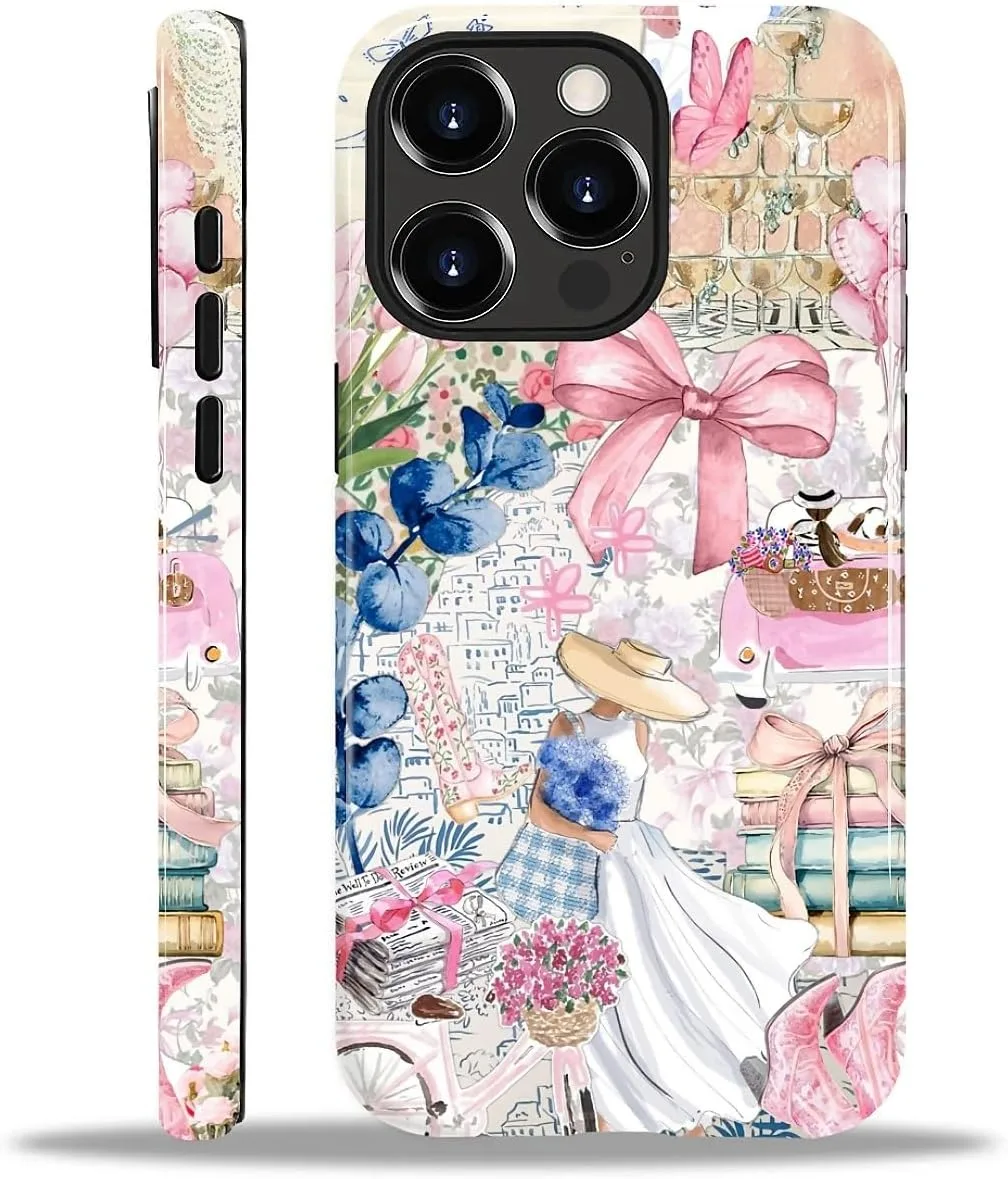 DAIZAG Case for iPhone 15 Pro Max,Mixed 2 Layer Design Shockproof Soft TPU Ddouble Protection Phone Case for iPhone 15 Pro Max-Magazine Books Flower Bow Collage