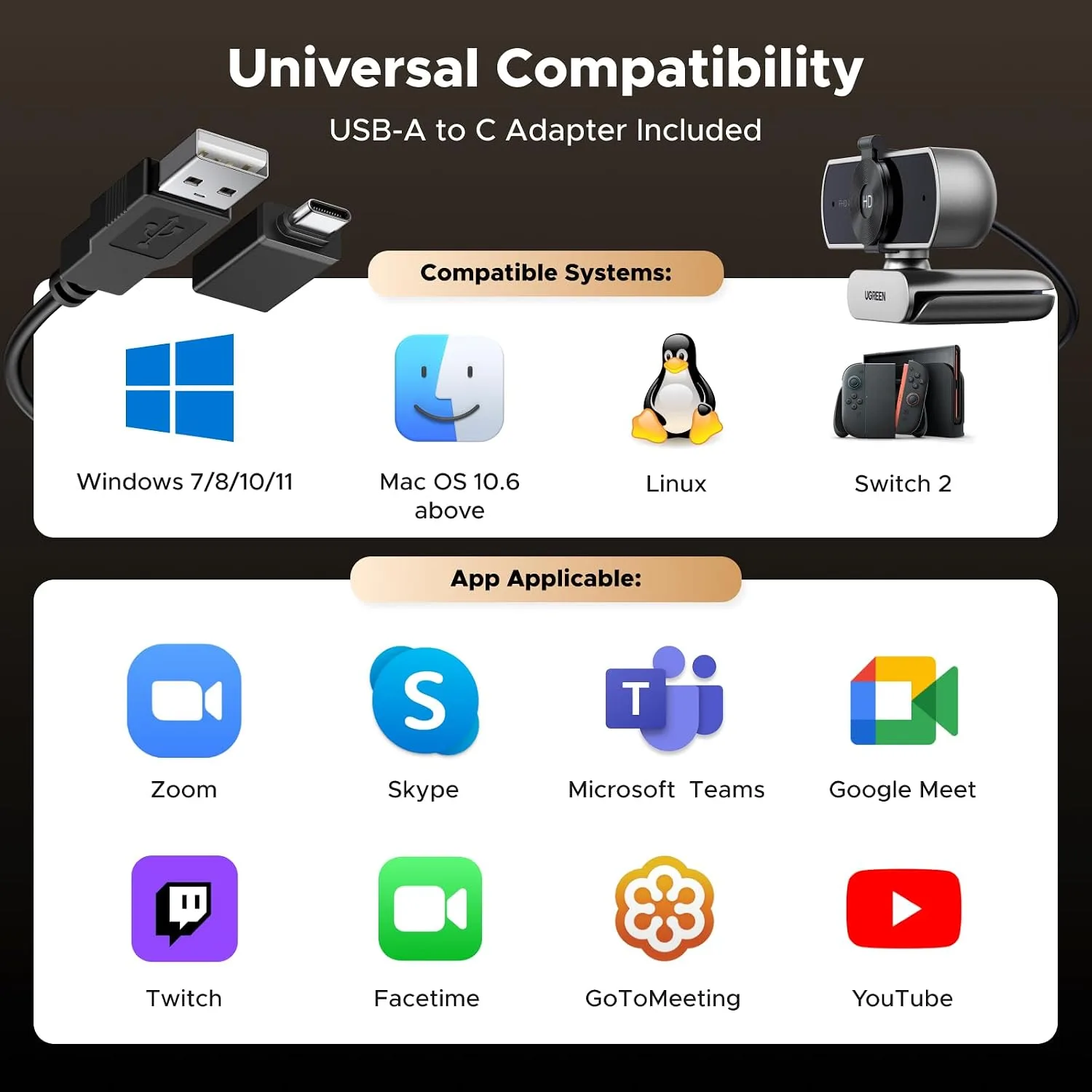 UGREEN 4K@30fps Webcam for PC Ultra HD Web Camera with Mics, Space Gray
