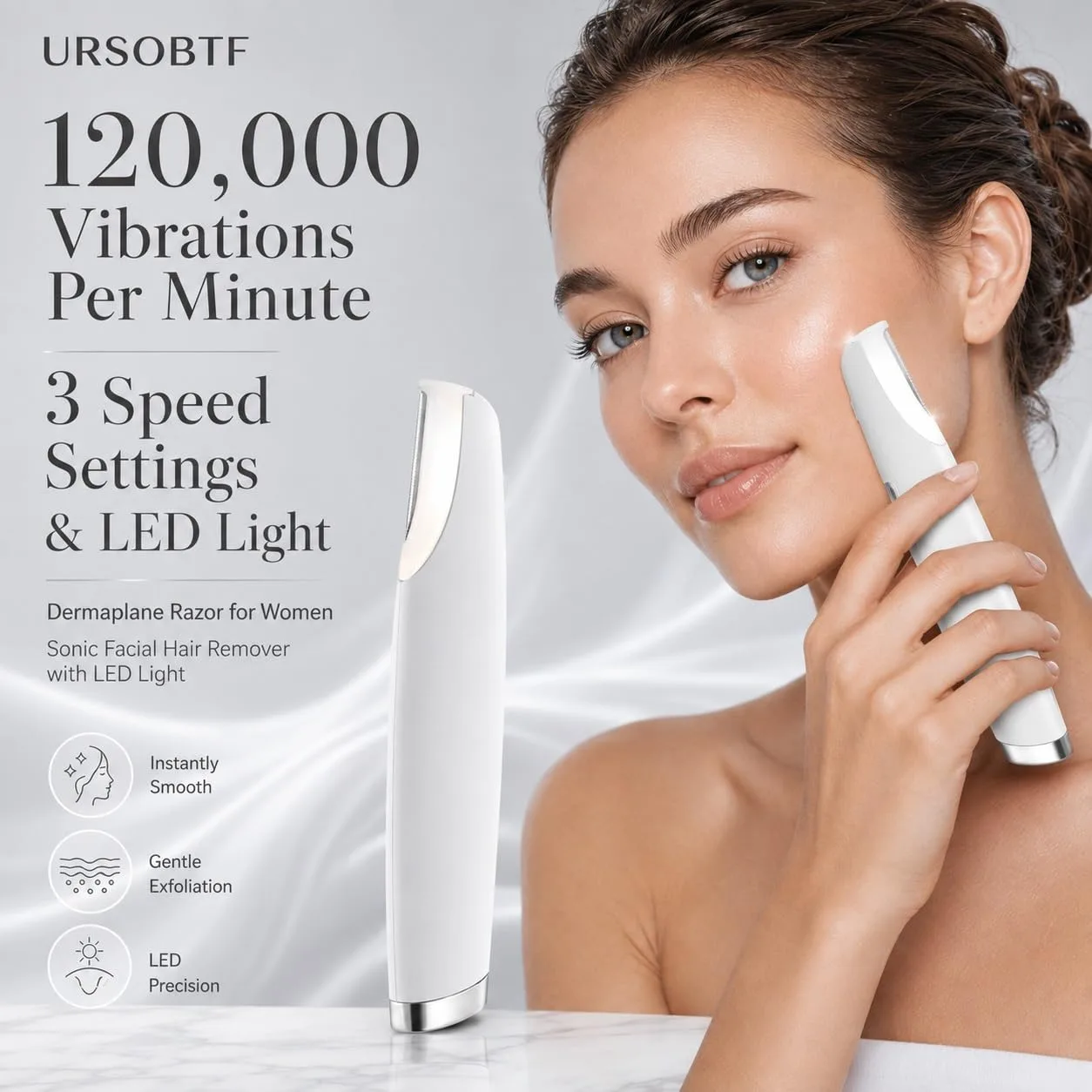 Dermaplane Razor for Women Face |Sonic Facial Hair Remover with LED Light, Electric Peach Fuzz Remover & Facial Exfoliation Tool for Smooth-Looking Skin, Eyebrow Grooming, 8 Replacement Blades,White