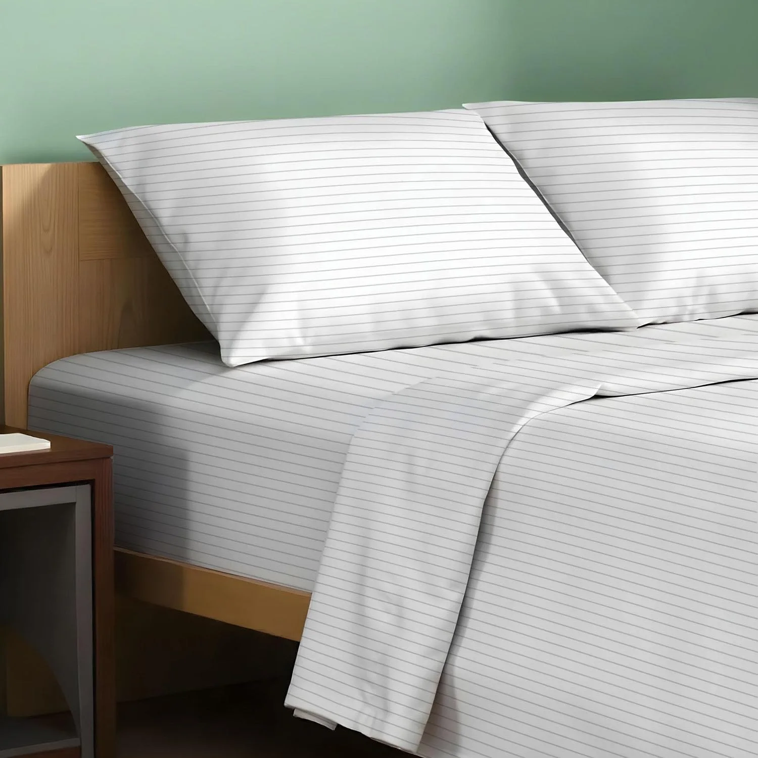 TEXAS LINEN CO. 100% Organic Cotton Percale Sheets King Size - 4 PC Organic Cotton King Size Percale Printed Sheet Sets, Soft, Crisp, Cooling Sheets, 16" Deep Pocket Hotel Set - Light Grey Pinstripe