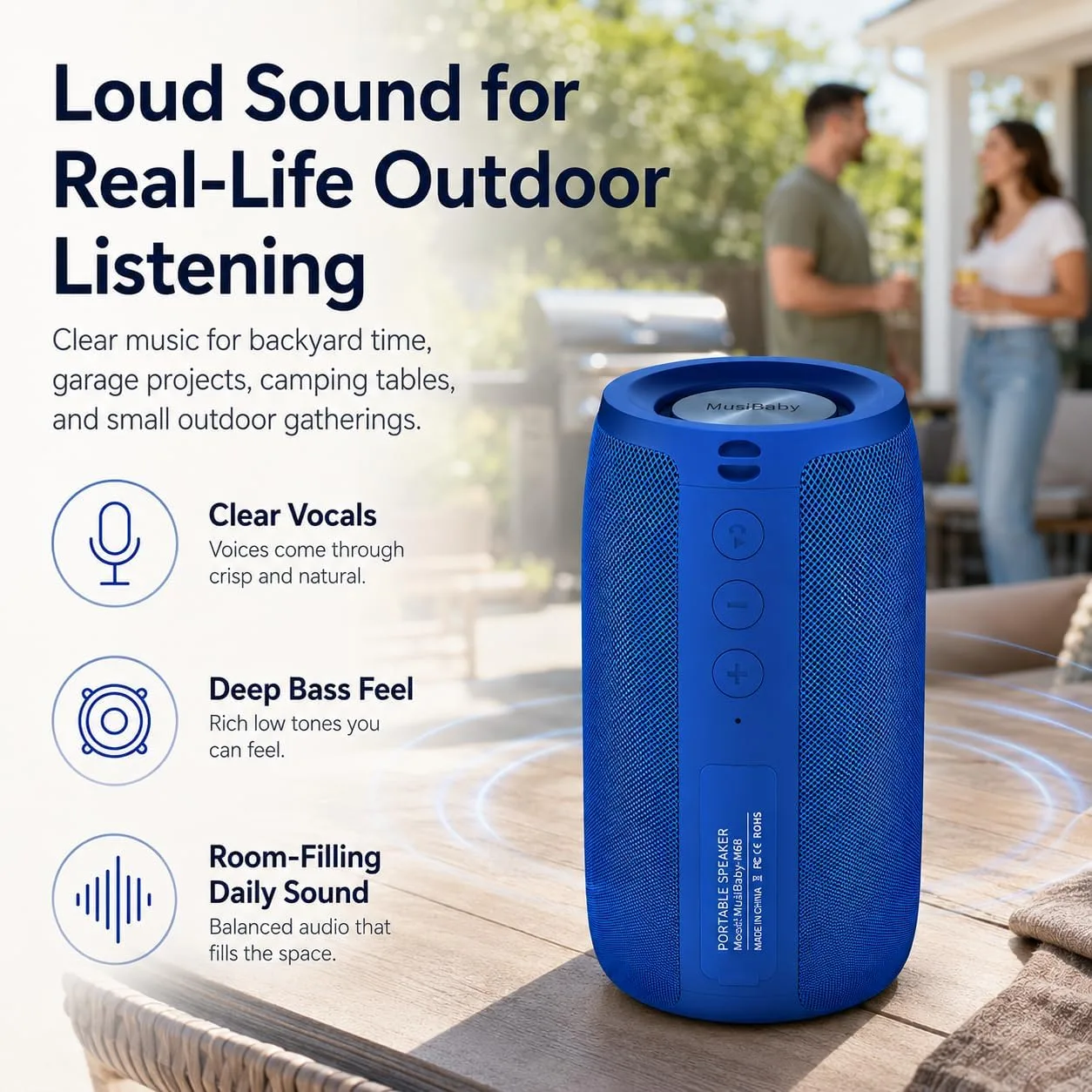 Musibaby M68 Portable Wireless Speaker, 24H Playtime, Blue