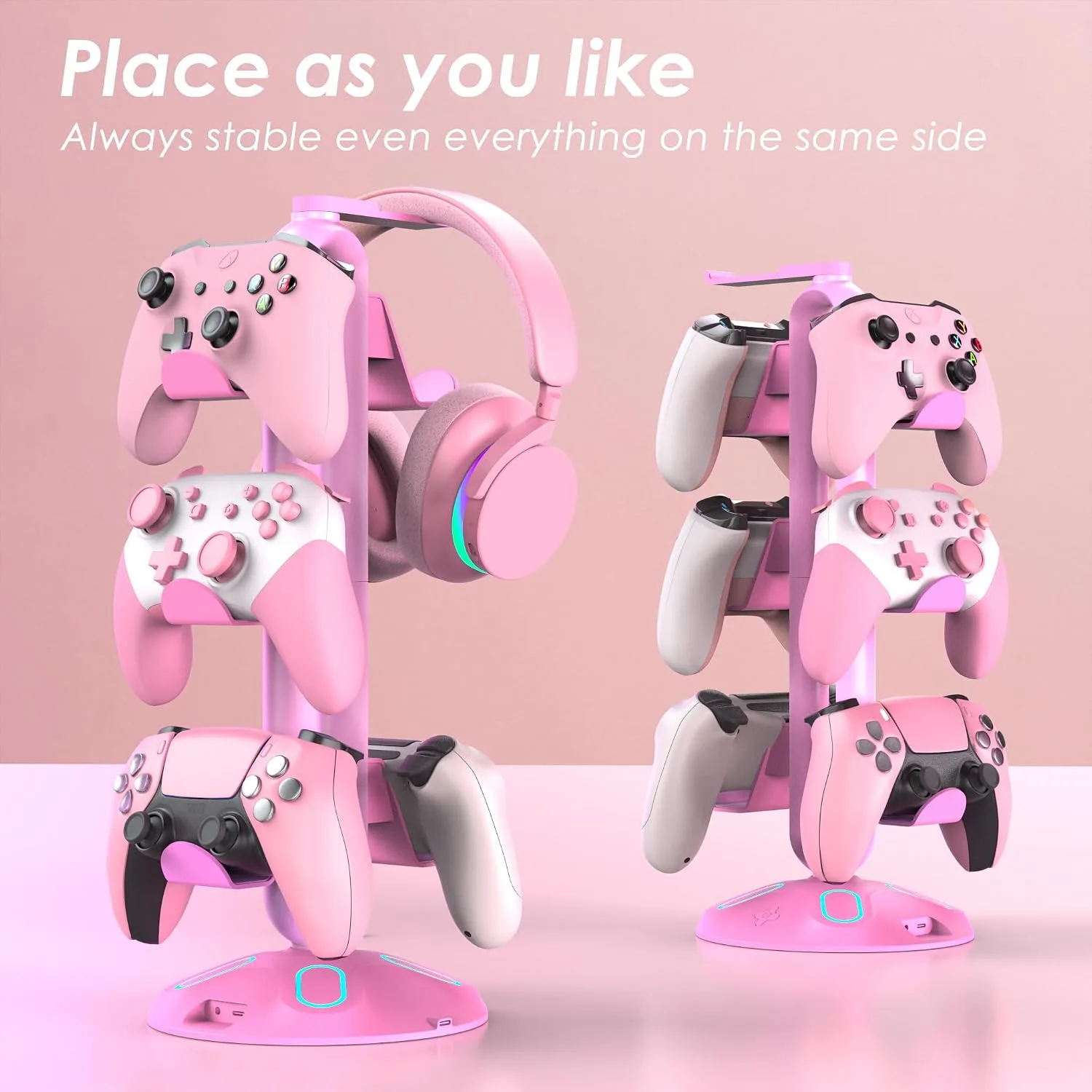 Gaming RGB Headphone Stand, Controller Holder with 9 Light Modes - Headset Stand with 2 USB Charging Ports and 3.5mm & Type-C - Controller Stand Hanger Accessories for Desk and Gamer(Pink)…