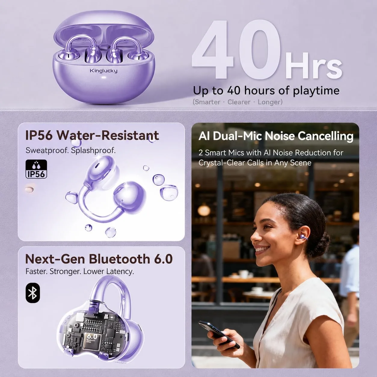 Kinglucky Upgraded Clip-On Earbuds, Open Ear Wireless Earbuds Bluetooth 6.0