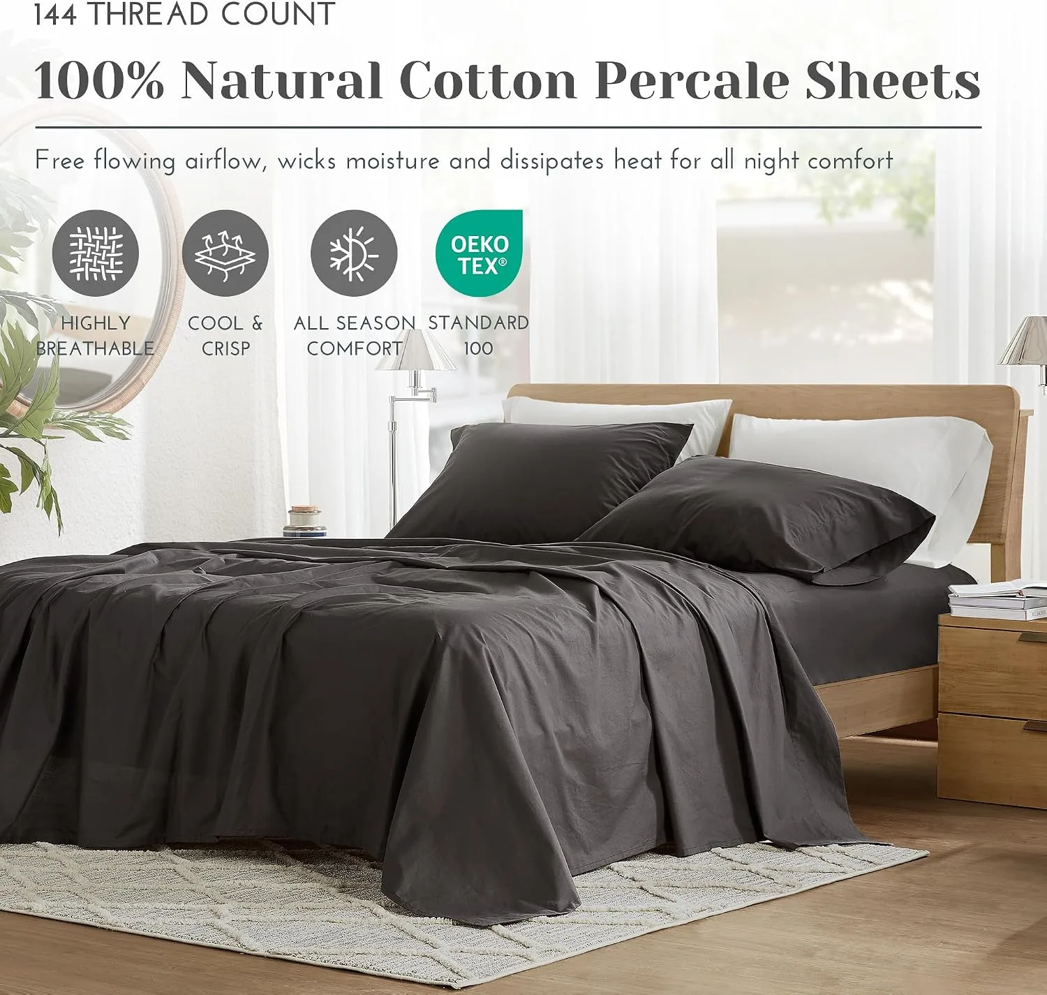 Comfort Spaces 100% Cotton Percale Sheets Queen Sheet Set 4 Pcs, Black