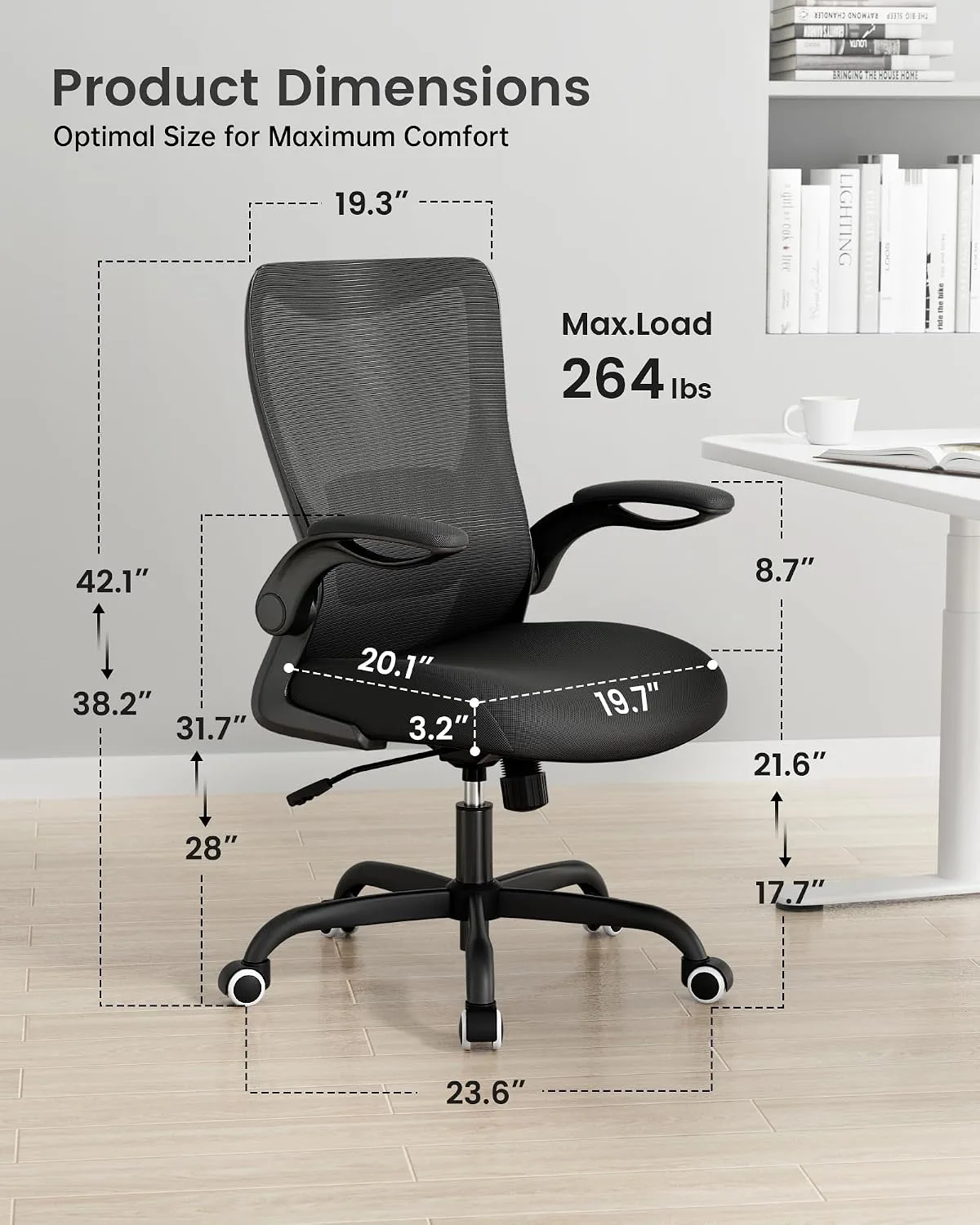 MUXX.STIL Office Chair, Ergonomic Desk Chair with Adjustable Lumbar Support and Flip up Armrest, Breathable Mesh Computer Chair for Home Office, Black