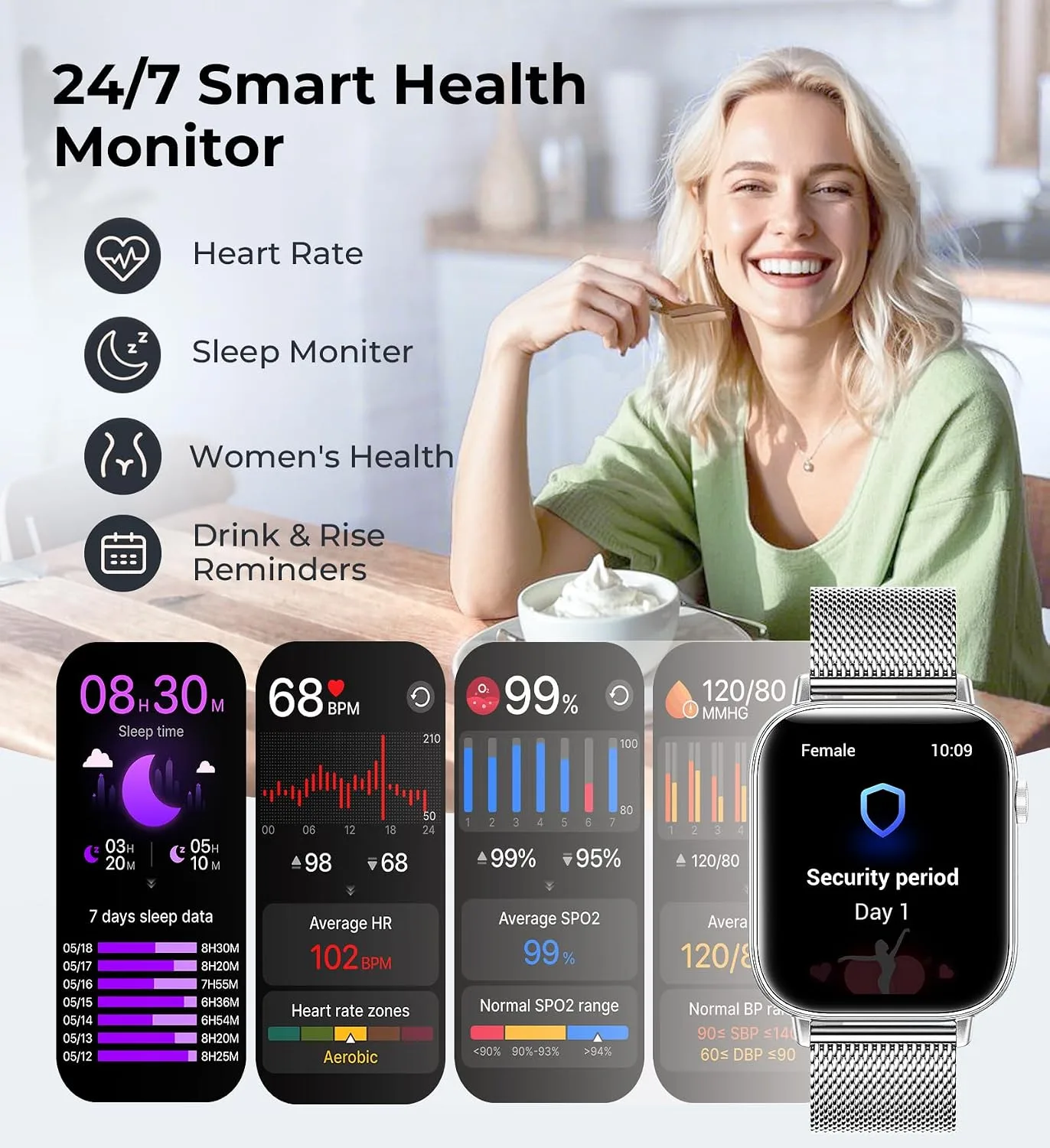 Iaret Smart Watch for Women, 1.83" HD Fitness Tracker with 4 Bands, Answer/Make Calls, Heart Rate/Sleep/SpO2/Step Tracking, 100+ Sport Modes, Android/iPhone Compatible Gift (Silver)