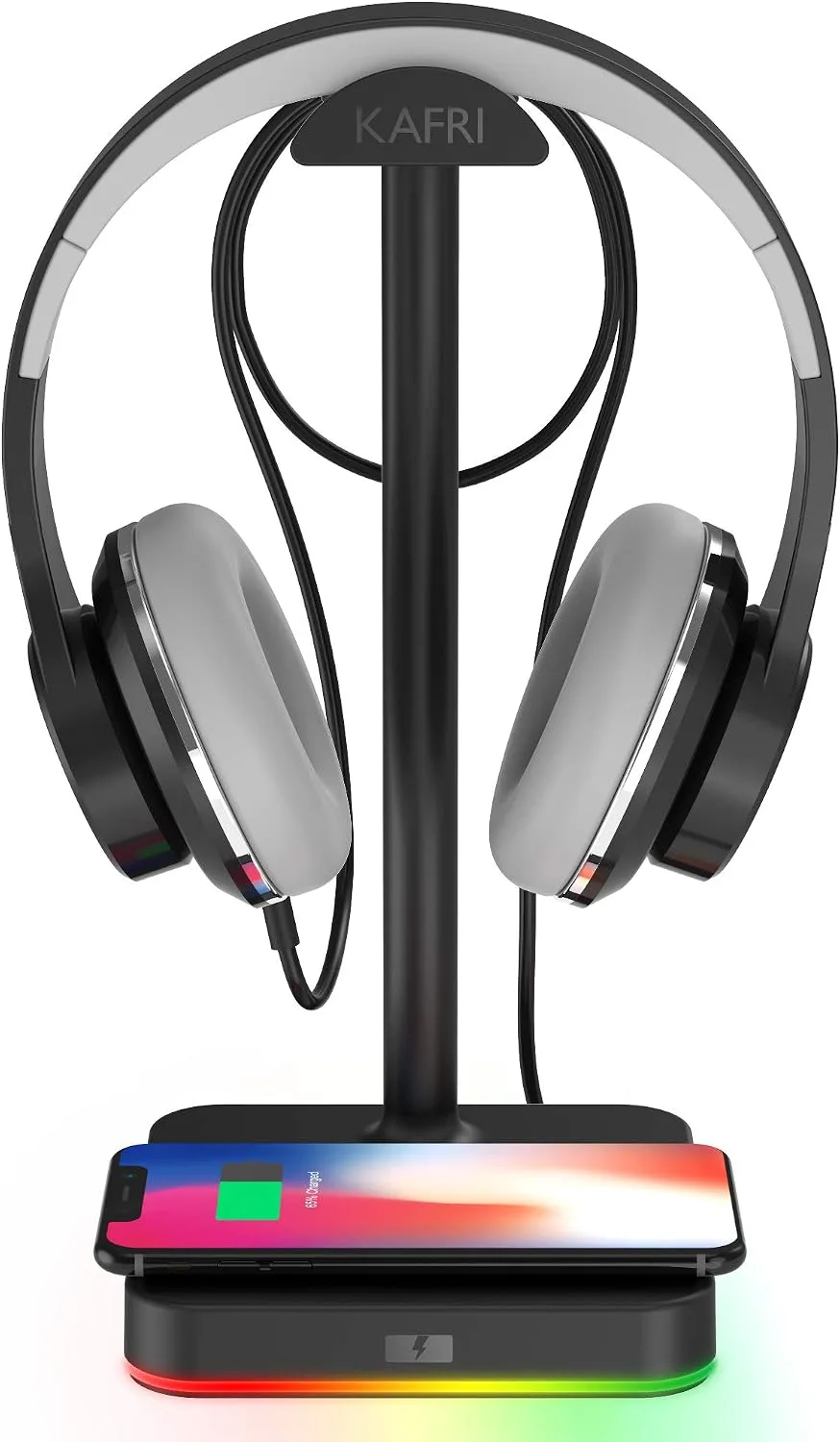 KAFRI RGB Dual Headphone Stand with Wireless Charger Desk Gaming Double Headset Holder Hanger Rack with 10W/7.5W QI Charging Pad - Suitable for Gamer Desktop Table Game Earphone