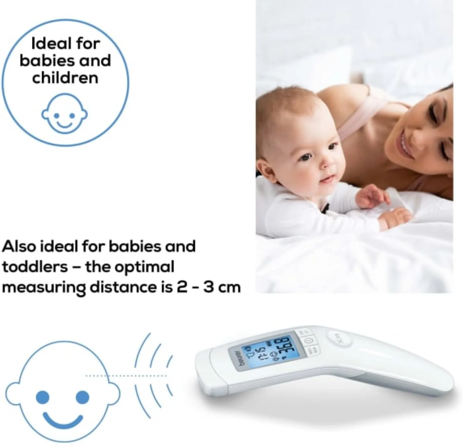 Beurer FT90 3-in-1 Forehead Non-Contact, Body, Surface, Room Temperature, High Accuracy, Large Blue Backlit LCD Display Thermometer, 60 Memory Spaces