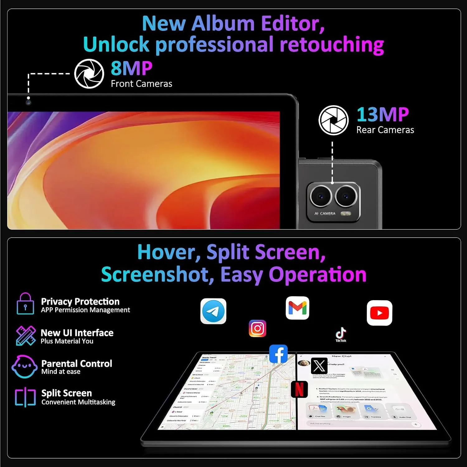 Tablet 14 Inch Android 16 Tablets, 2000*1200 IPS Display Tablets, 256GB Storage (Expand to 2TB) + 36GB,11580 mAh 18W PD Fast Charger, 8 Core CPU,4 Speakers, 5G WiFi, 8+13MP, Tablet with Case - Black